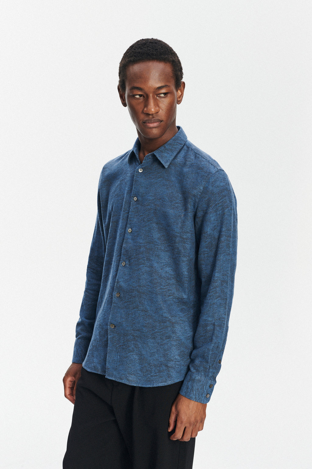 Feel Good Shirt in an Indigo Navy Blue and Black Soft Jacquard Italian Cotton and Lyocell Flannel