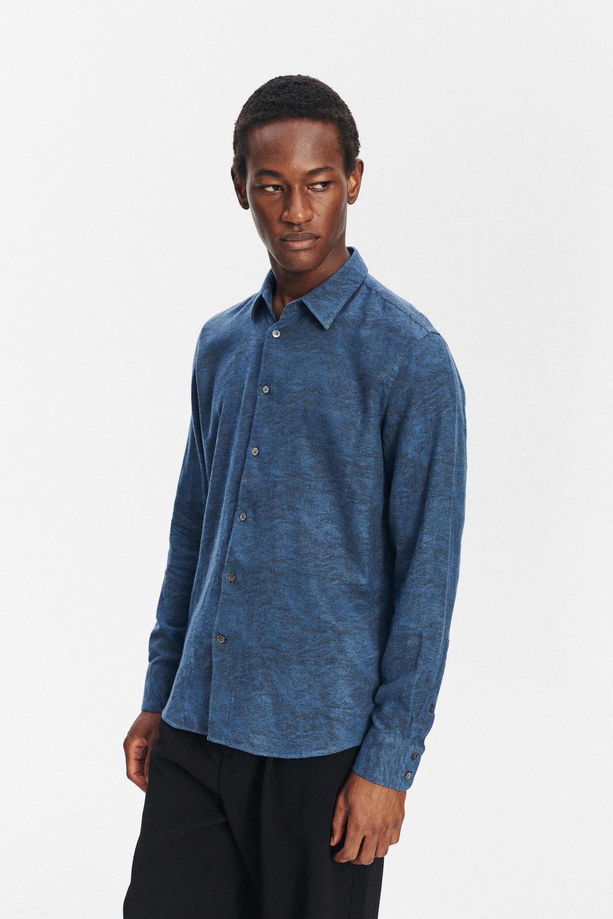 Feel Good Shirt in an Indigo Navy Blue and Black Soft Jacquard Italian Cotton and Lyocell Flannel