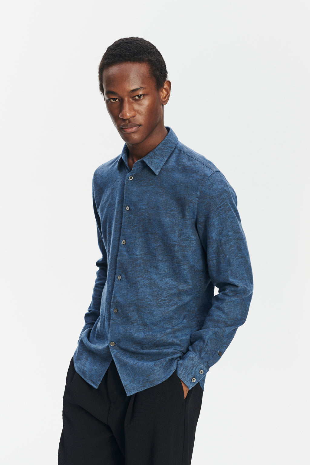 Feel Good Shirt in an Indigo Navy Blue and Black Soft Jacquard Italian Cotton and Lyocell Flannel