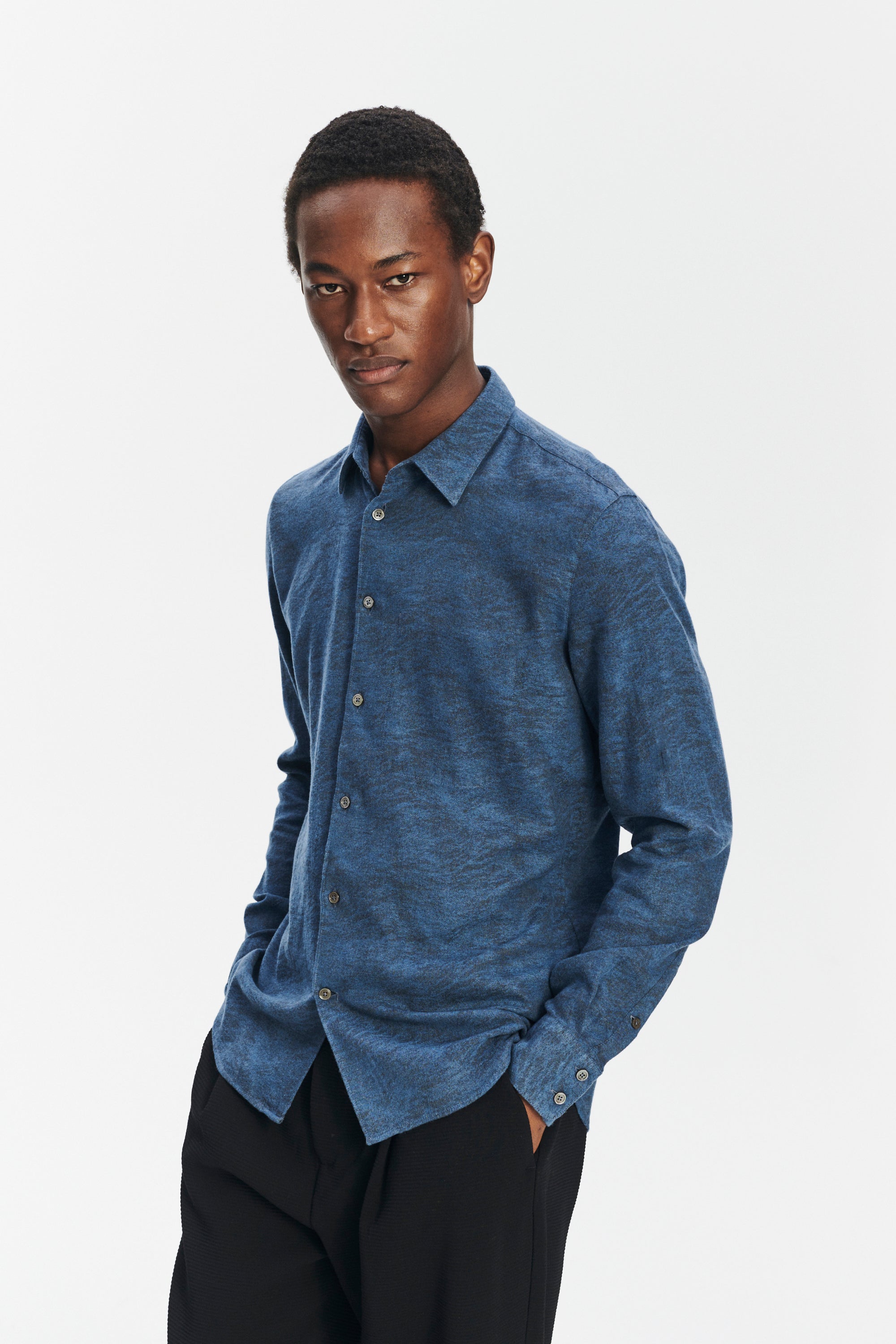 Feel Good Shirt in an Indigo Navy Blue and Black Soft Jacquard Italian Cotton and Lyocell Flannel