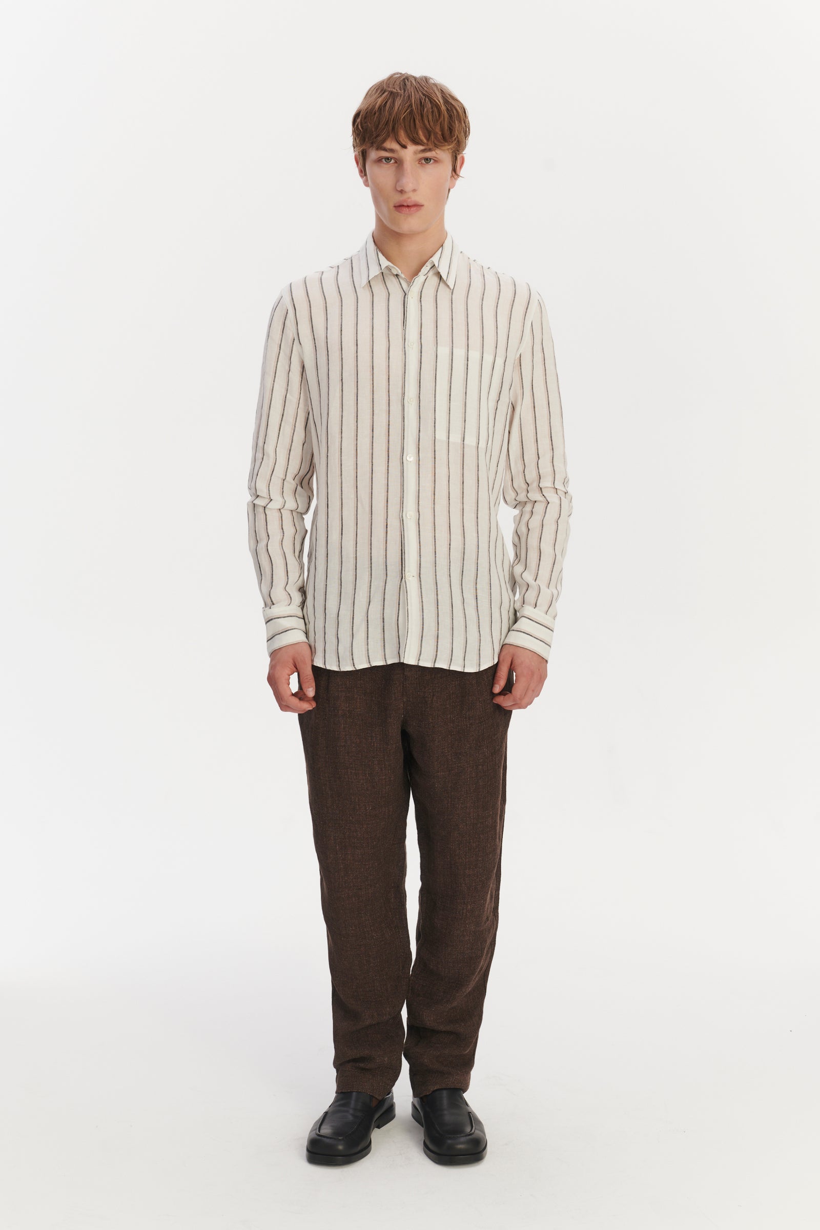 Feel Good Shirt in a Fine White Black and Beige Double Striped Bohemian Linen