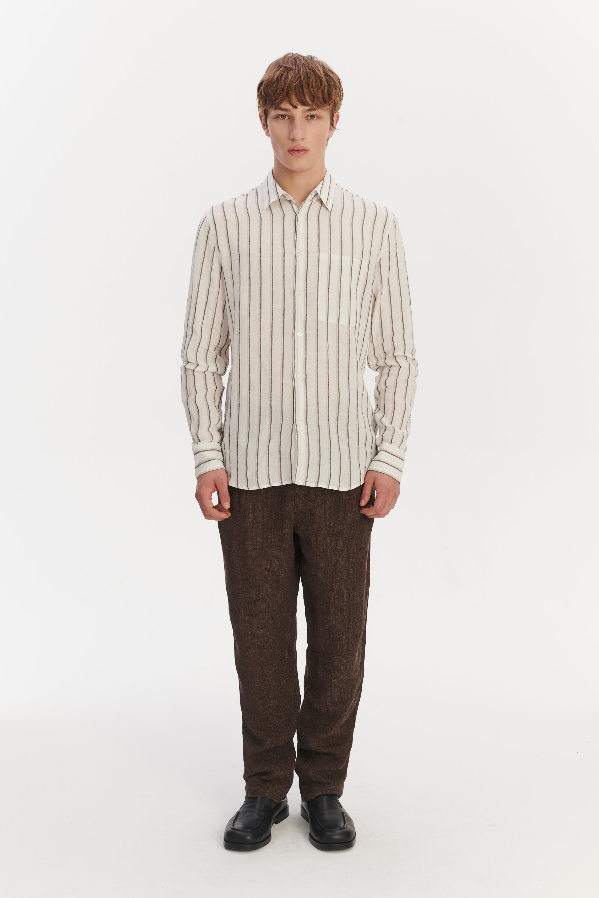 Feel Good Shirt in a Fine White Black and Beige Double Striped Bohemian Linen