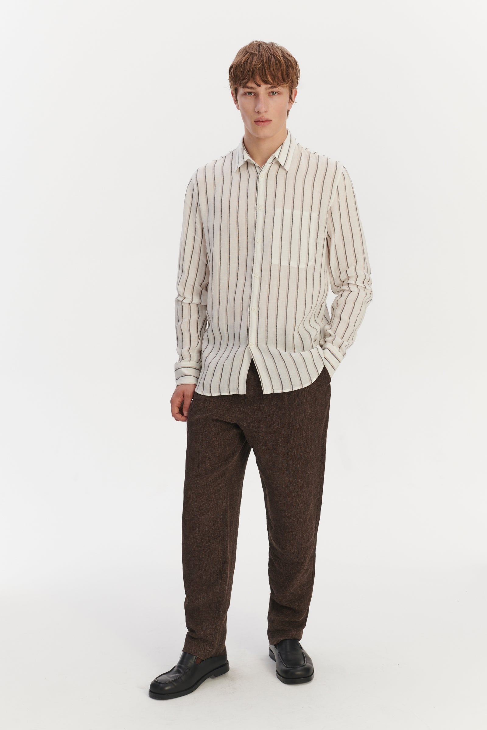 Feel Good Shirt in a Fine White Black and Beige Double Striped Bohemian Linen