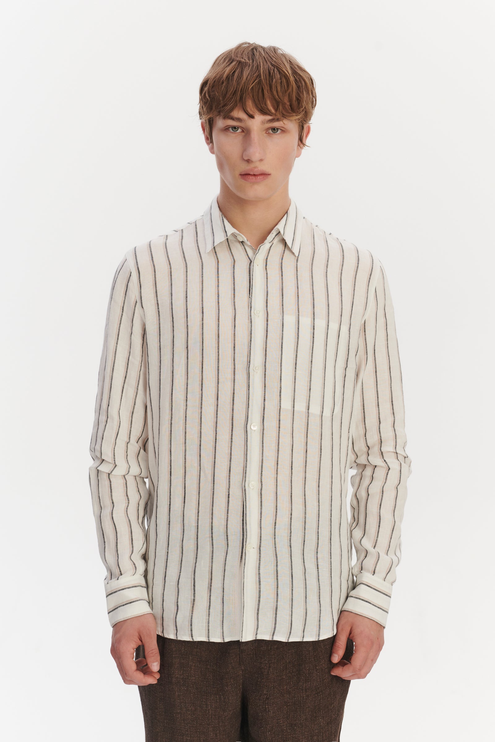 Feel Good Shirt in a Fine White Black and Beige Double Striped Bohemian Linen