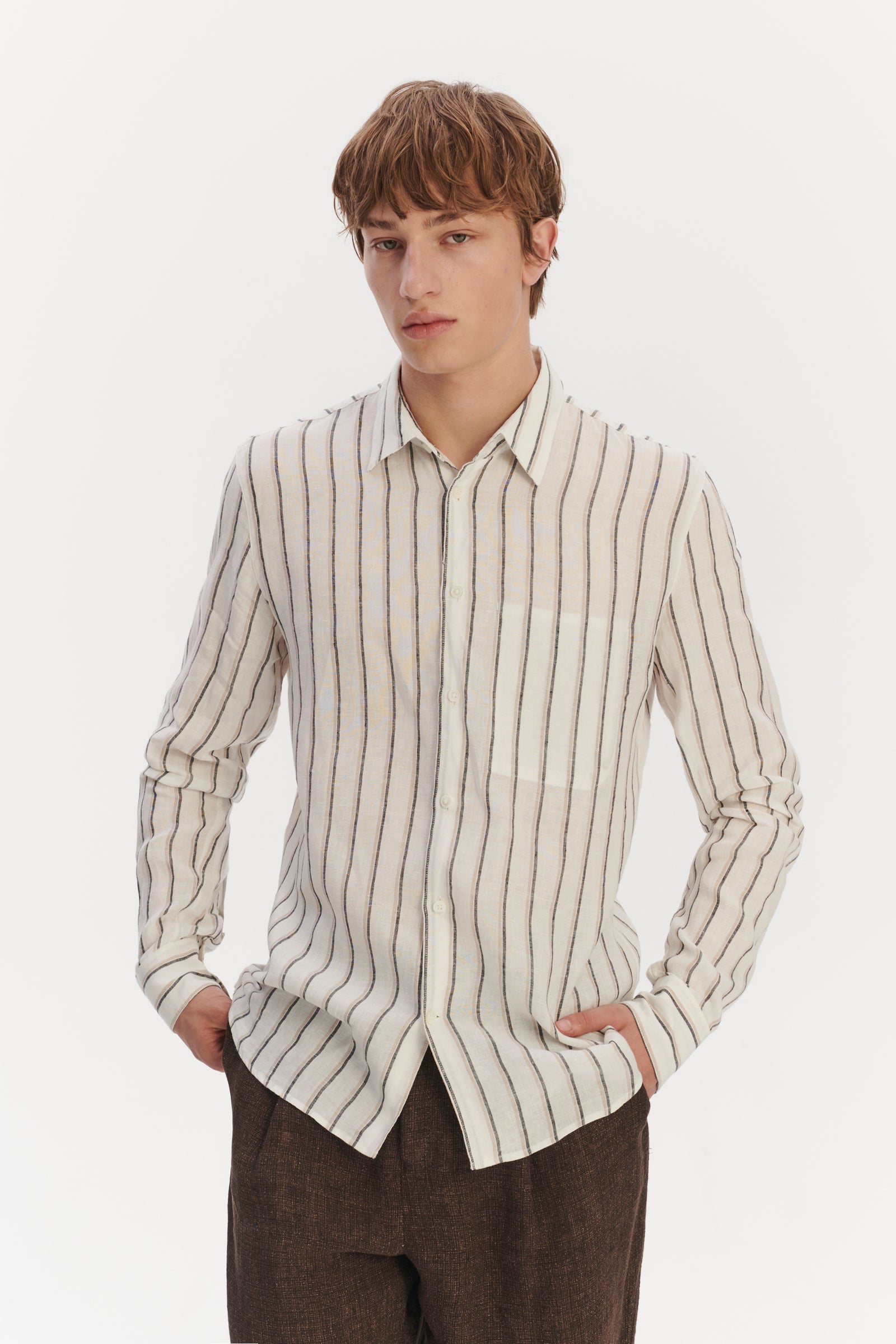 Feel Good Shirt in a Fine White Black and Beige Double Striped Bohemian Linen