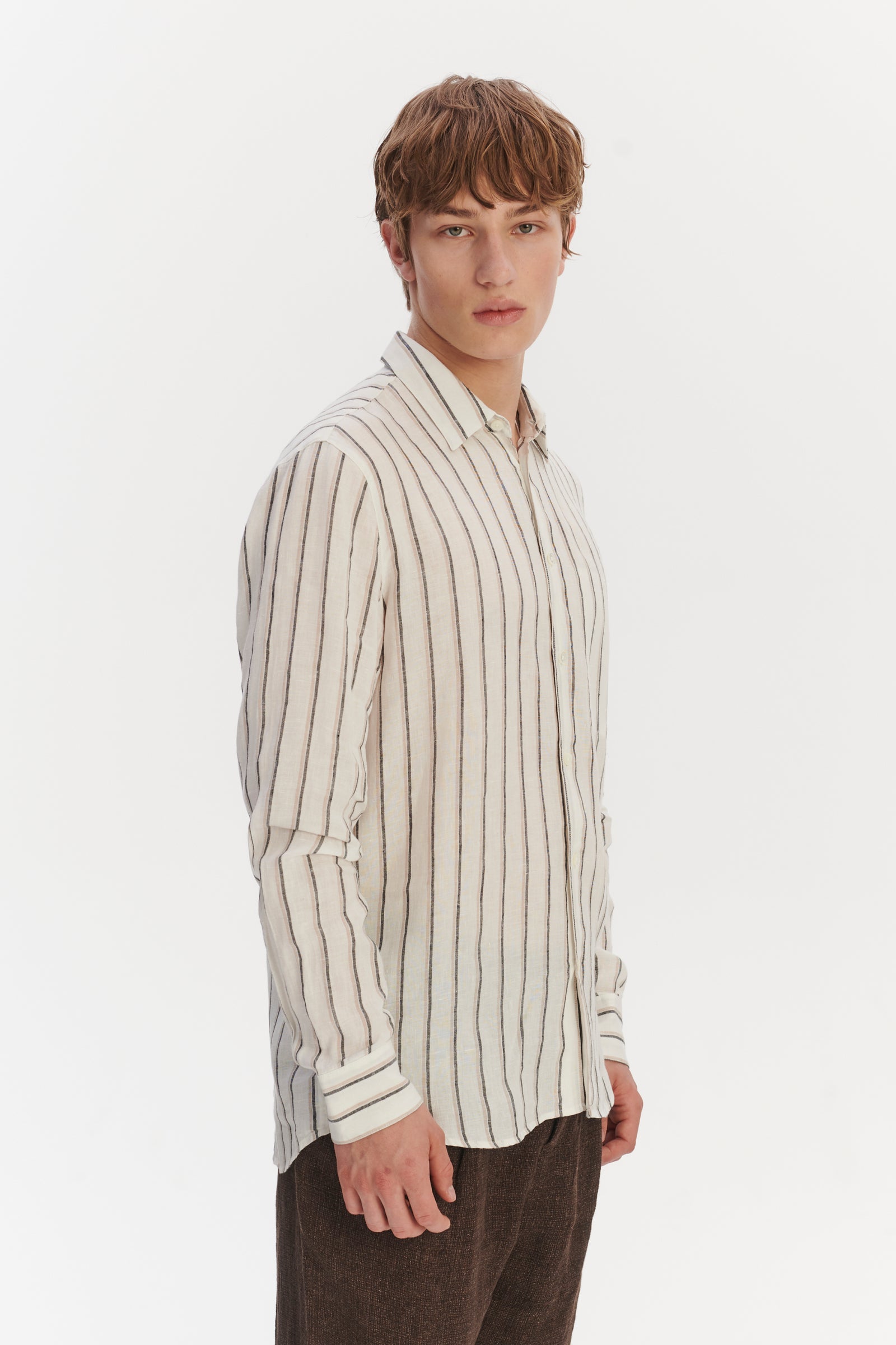 Feel Good Shirt in a Fine White Black and Beige Double Striped Bohemian Linen