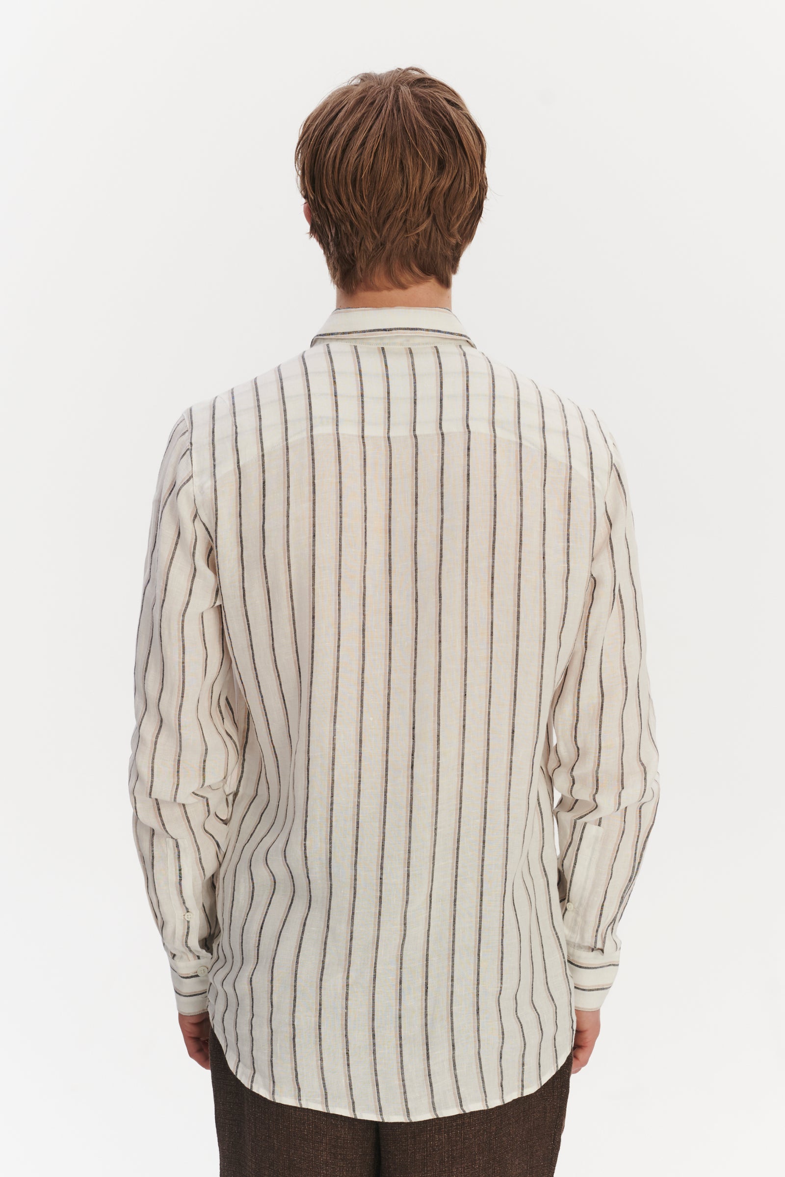 Feel Good Shirt in a Fine White Black and Beige Double Striped Bohemian Linen