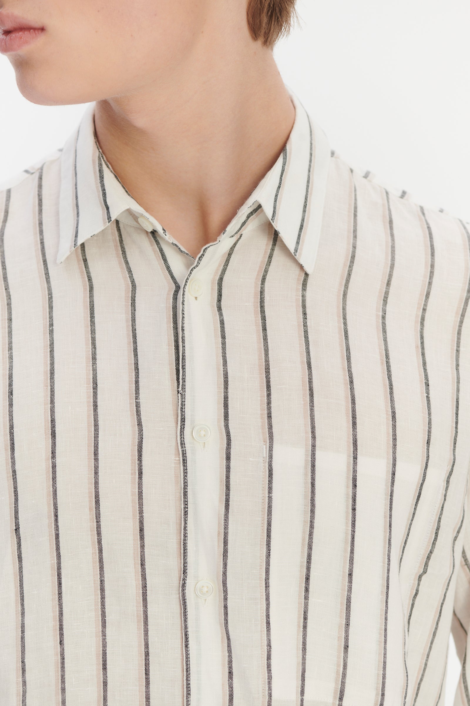 Feel Good Shirt in a Fine White Black and Beige Double Striped Bohemian Linen