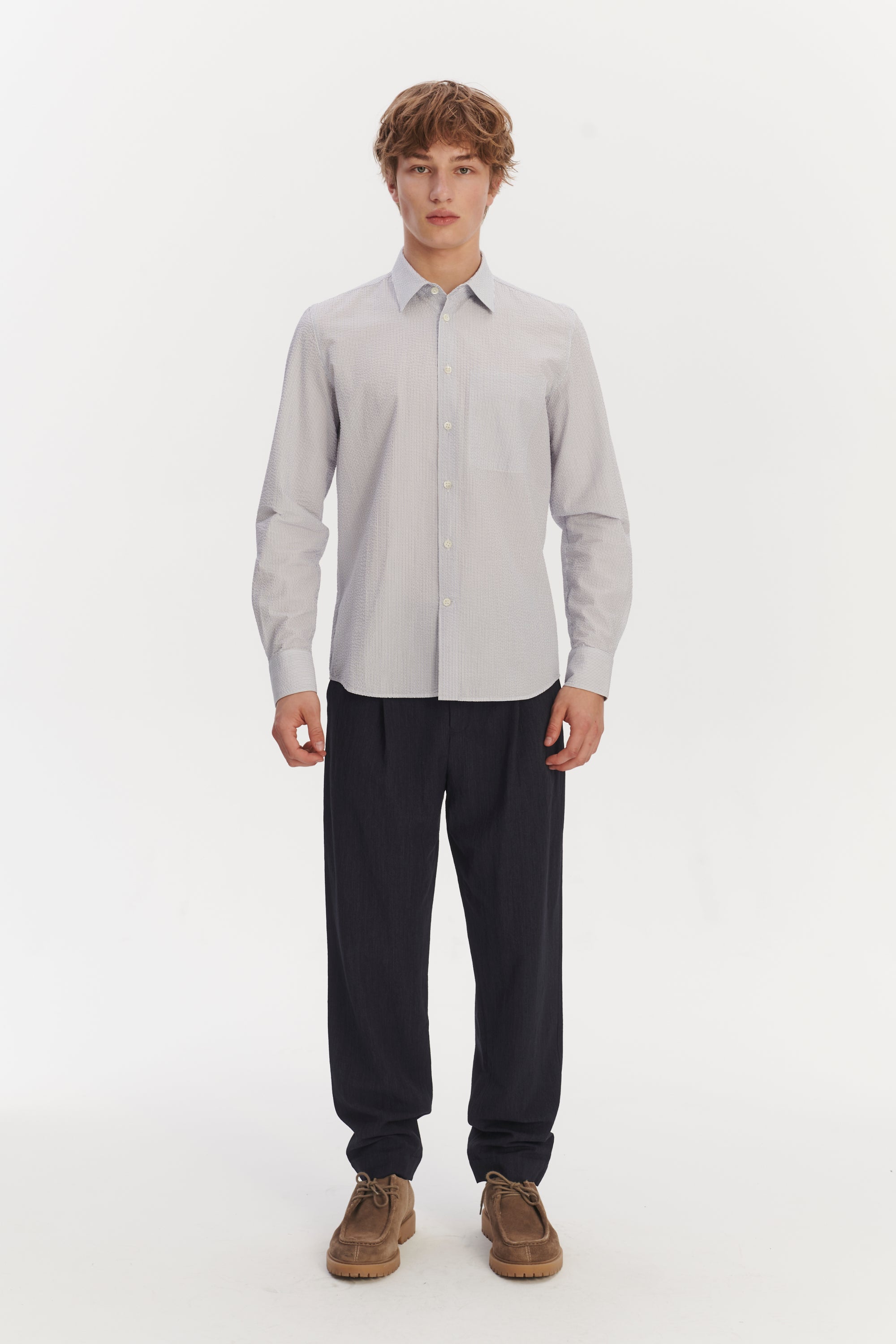 Feel Good Shirt in the Finest Italian Subtle Blue and White Cotton Seersucker by Albini