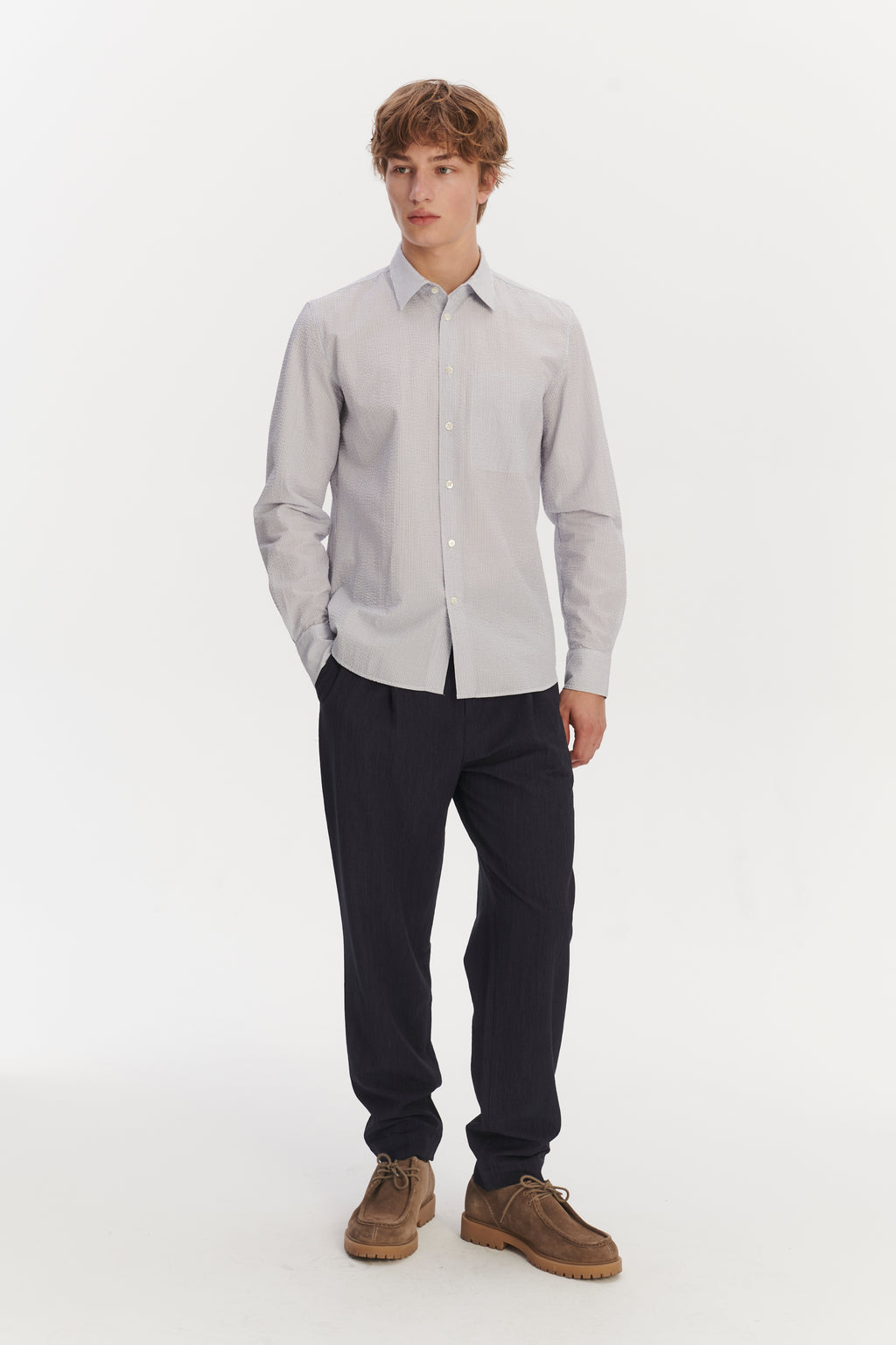 Feel Good Shirt in the Finest Italian Subtle Blue and White Cotton Seersucker by Albini