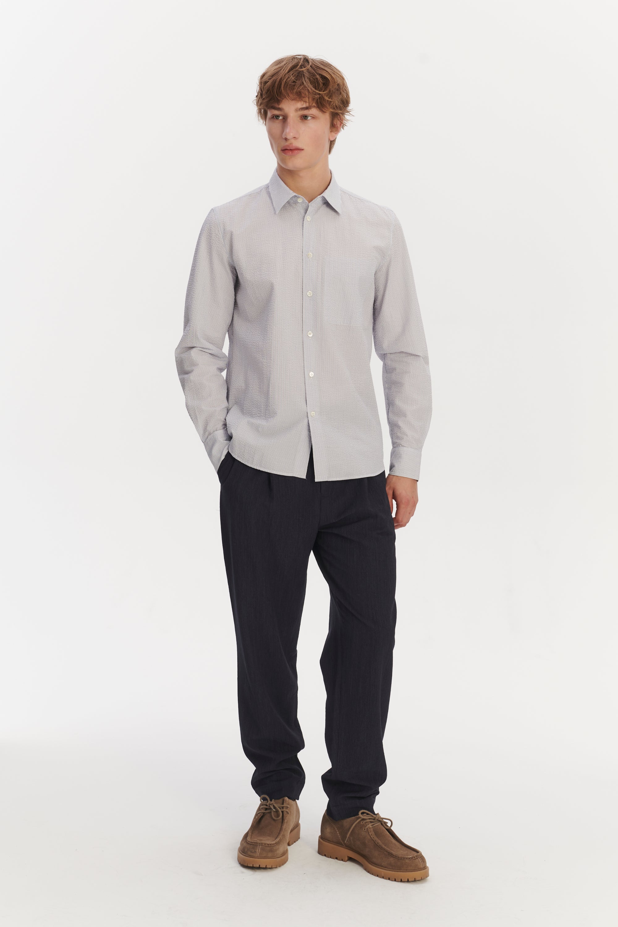 Feel Good Shirt in the Finest Italian Subtle Blue and White Cotton Seersucker by Albini