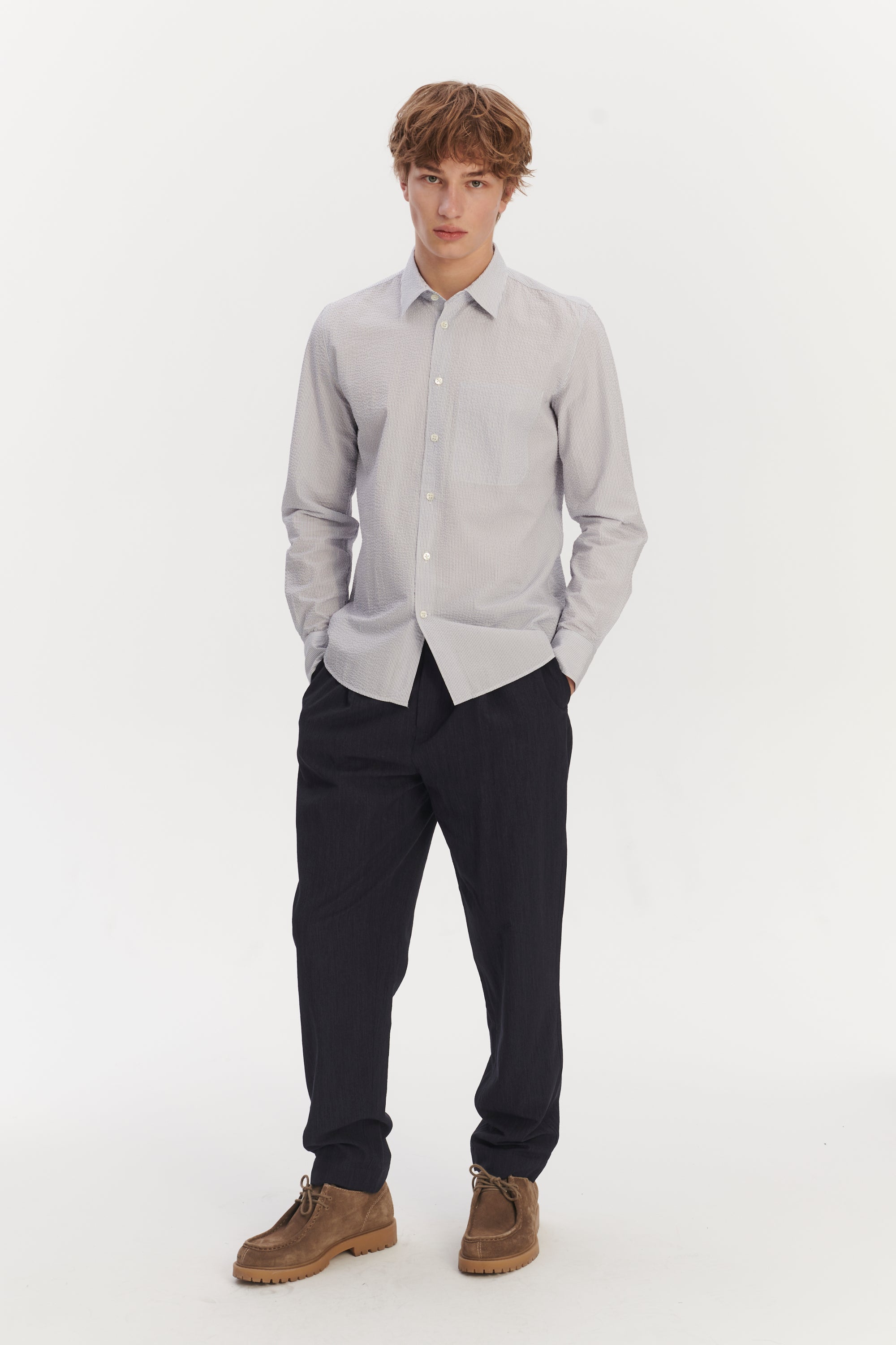 Feel Good Shirt in the Finest Italian Subtle Blue and White Cotton Seersucker by Albini