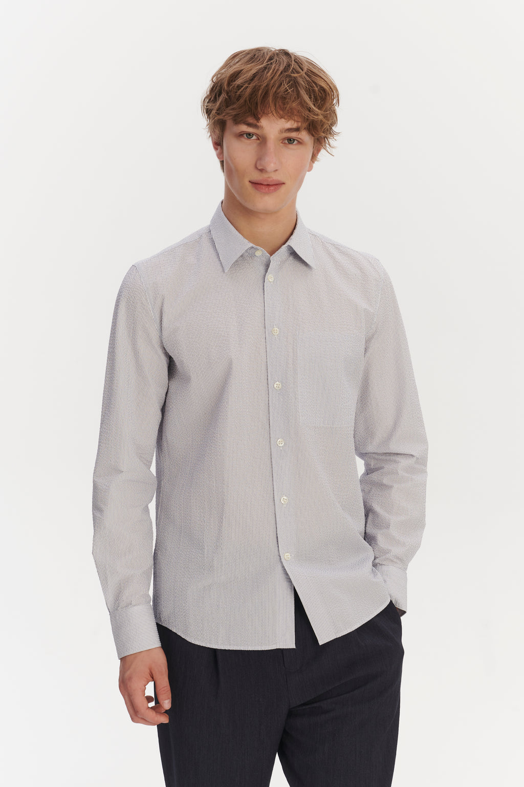 Feel Good Shirt in the Finest Italian Subtle Blue and White Cotton Seersucker by Albini
