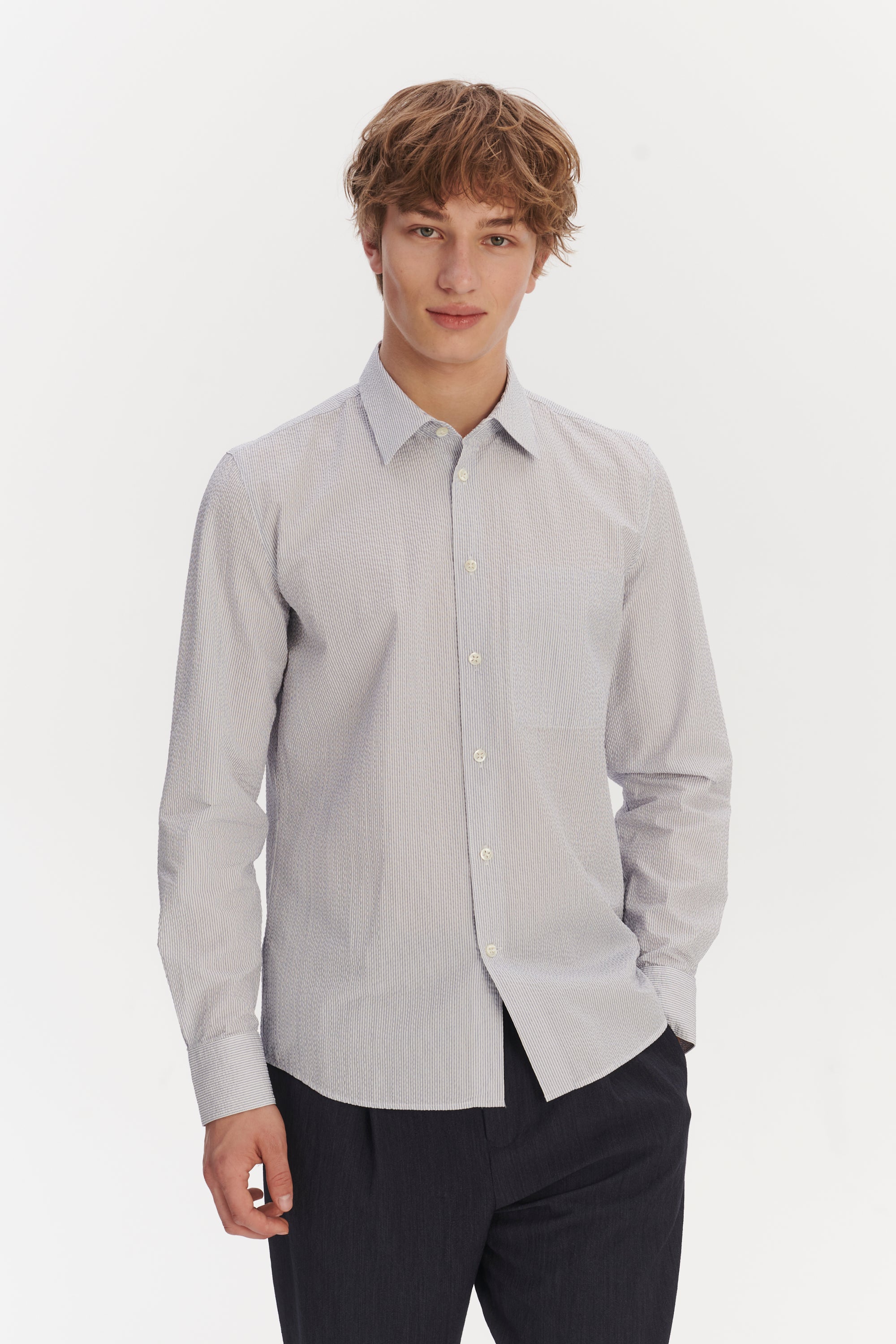 Feel Good Shirt in the Finest Italian Subtle Blue and White Cotton Seersucker by Albini
