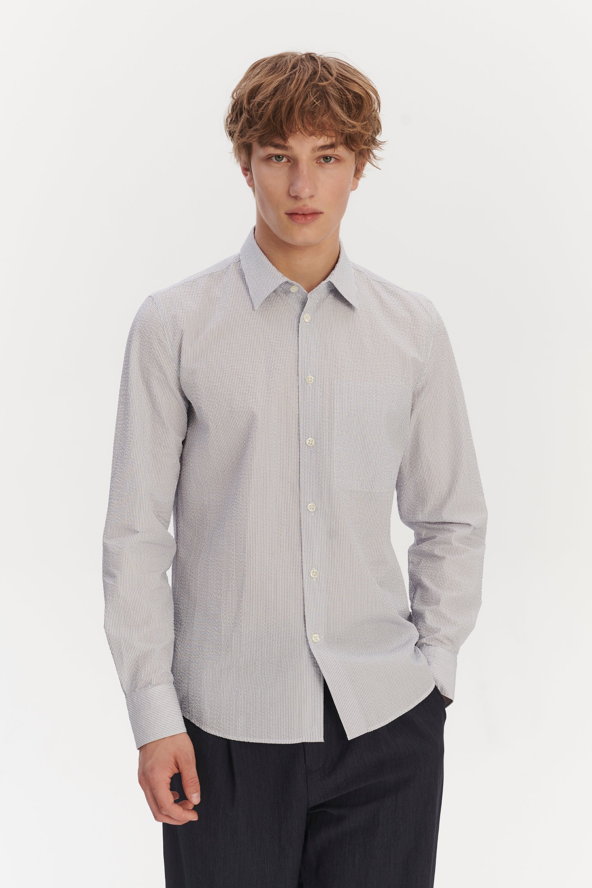 Feel Good Shirt in the Finest Italian Subtle Blue and White Cotton Seersucker by Albini