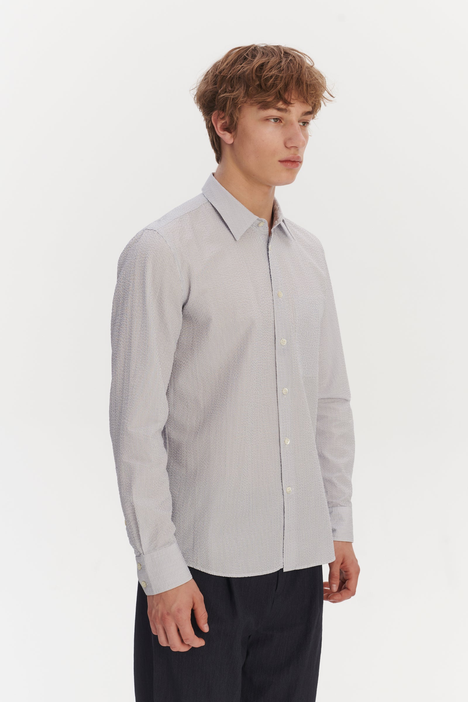 Feel Good Shirt in the Finest Italian Subtle Blue and White Cotton Seersucker by Albini