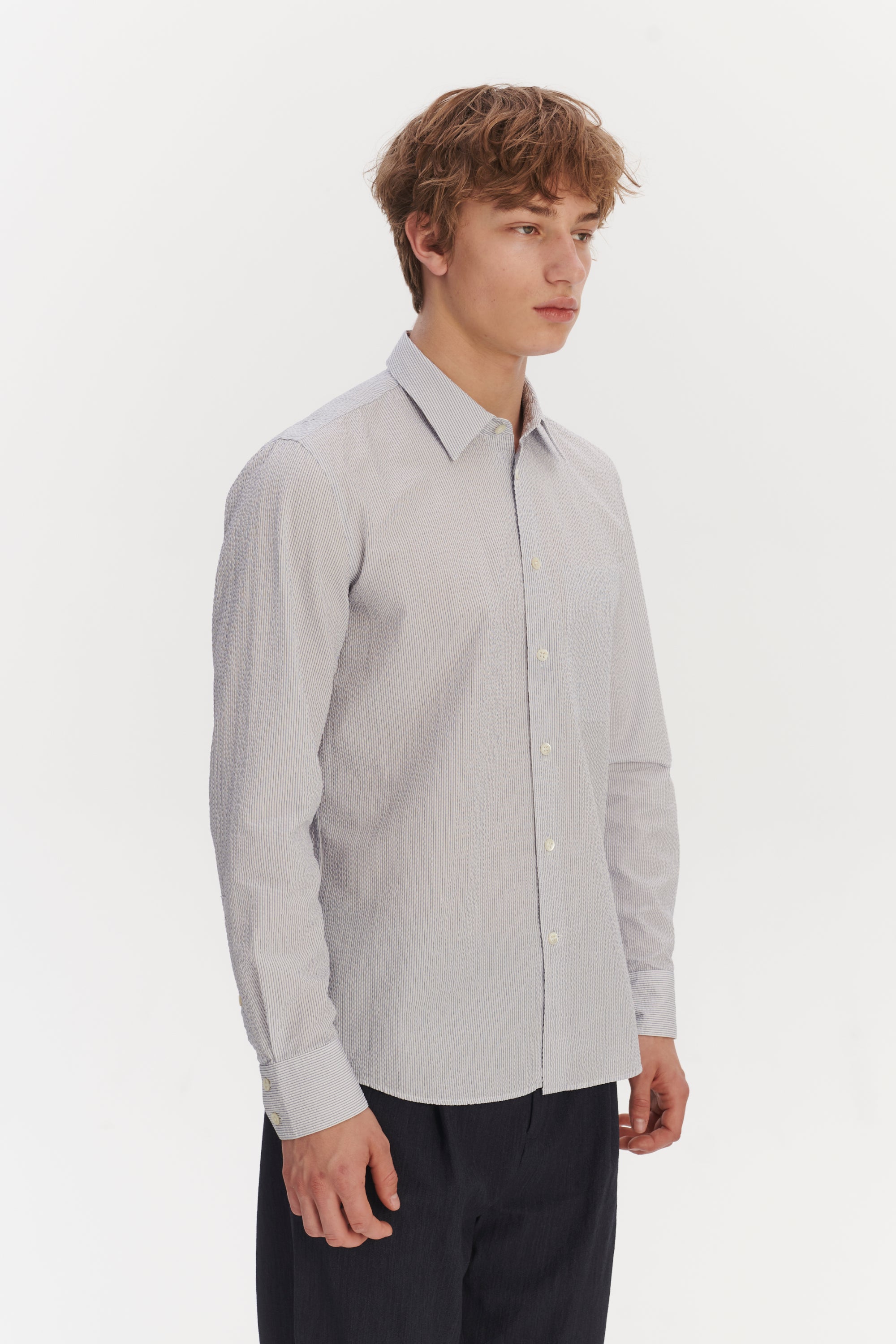 Feel Good Shirt in the Finest Italian Subtle Blue and White Cotton Seersucker by Albini