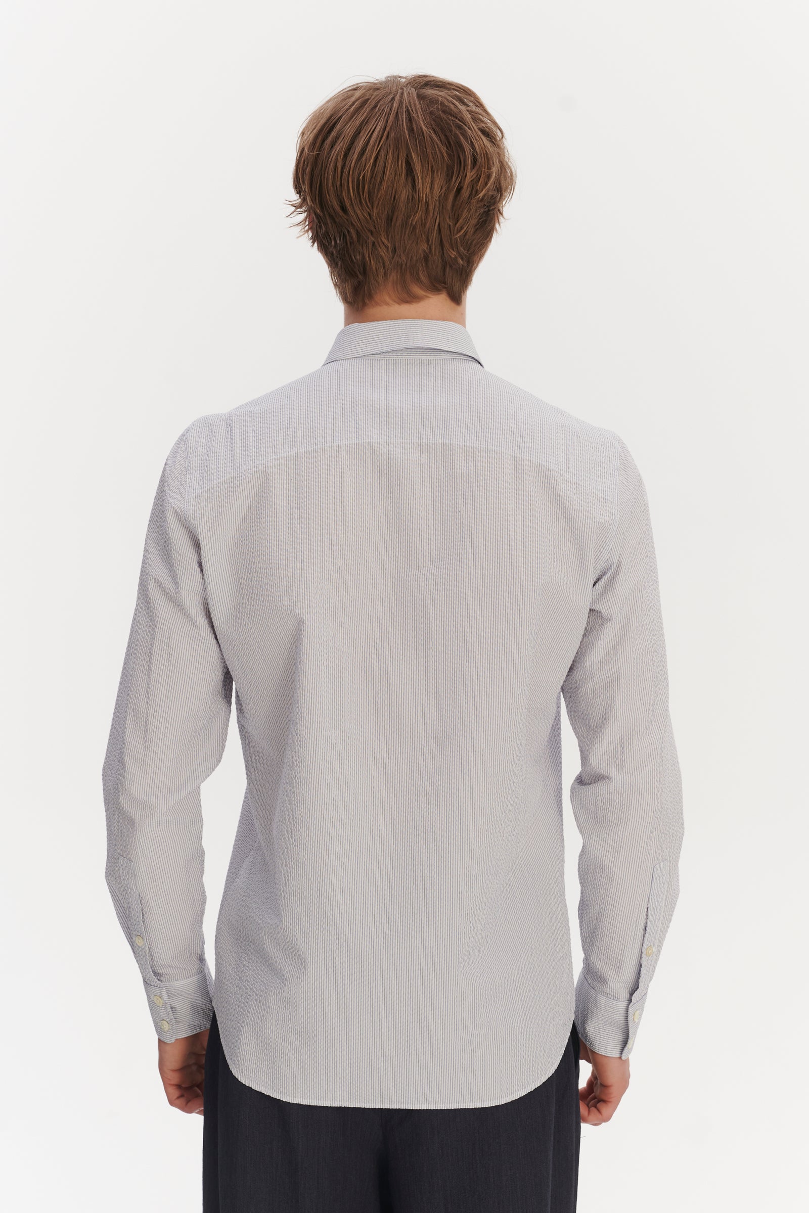 Feel Good Shirt in the Finest Italian Subtle Blue and White Cotton Seersucker by Albini