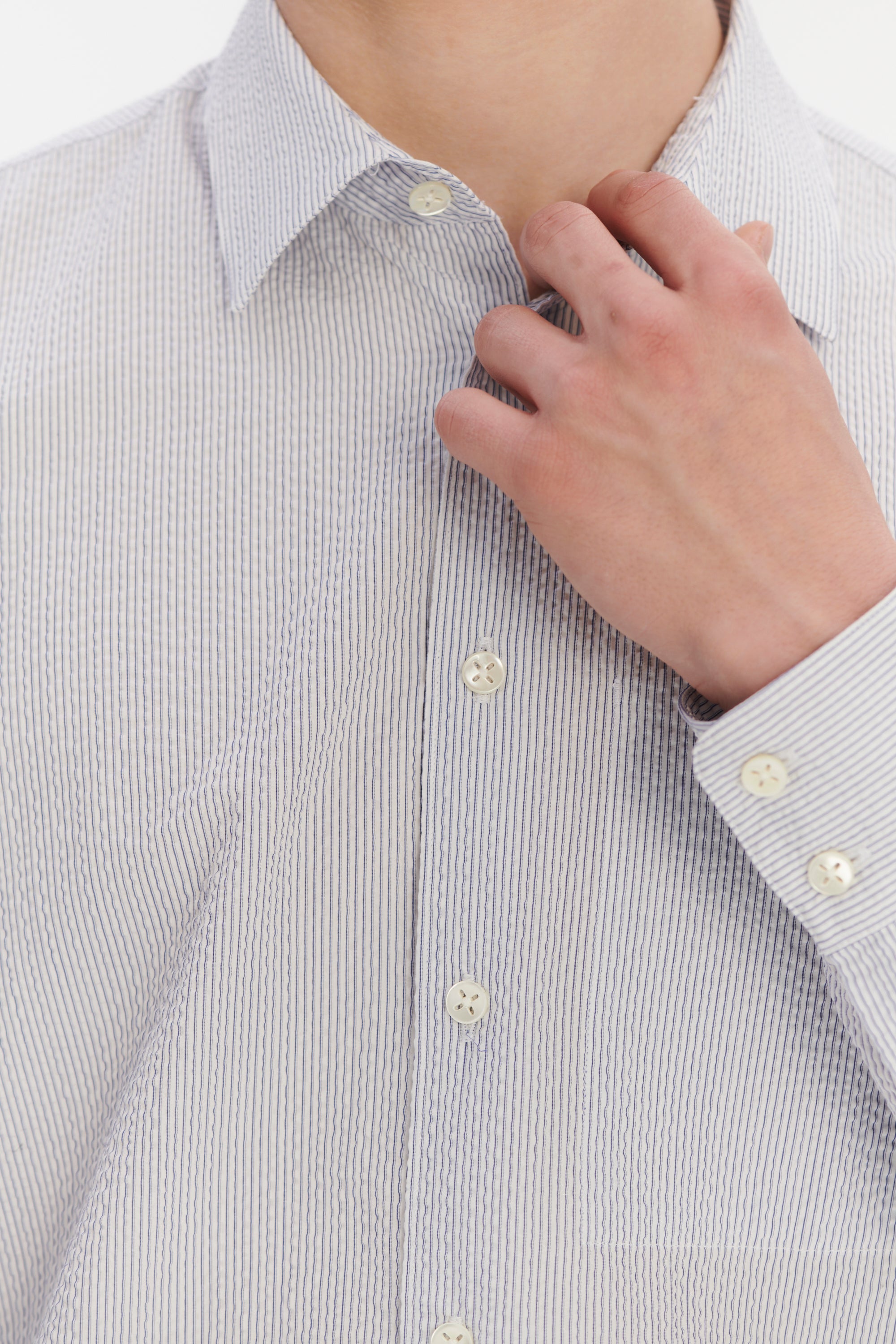 Feel Good Shirt in the Finest Italian Subtle Blue and White Cotton Seersucker by Albini