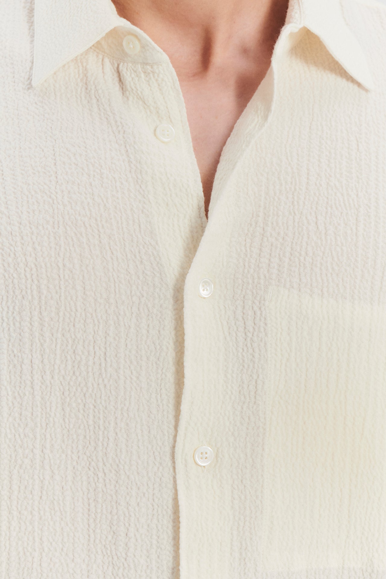 Feel Good Shirt in the Finest Creamy White Portuguese Cashmere and Cotton Seersucker
