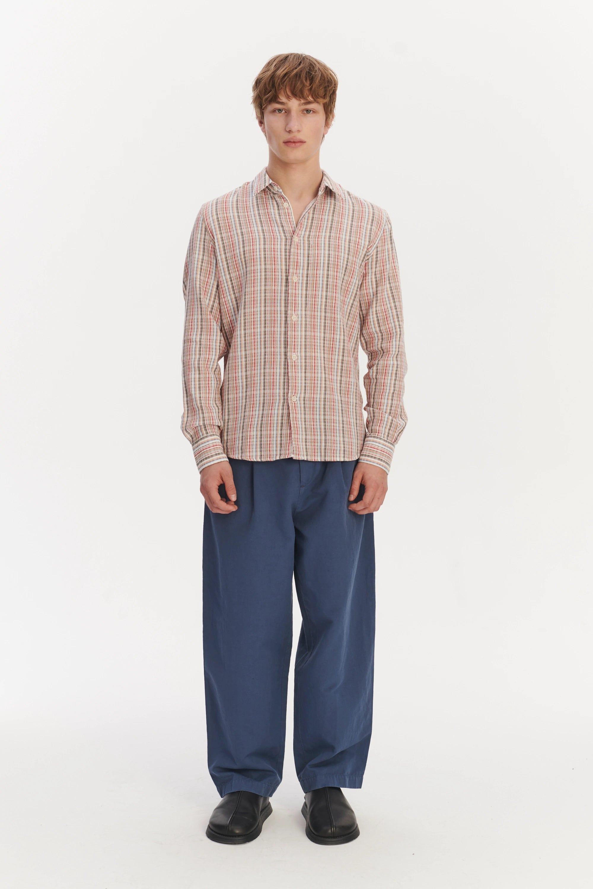 Feel Good Shirt  in a Red, Blue, Grey and Beige Striped Airy Cotton