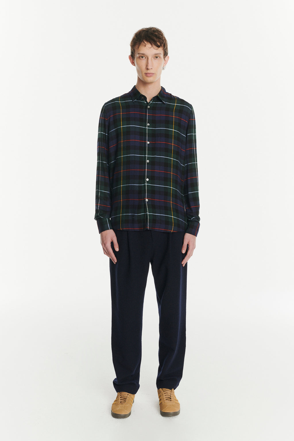 Feel Good Shirt in the Finest Dark Blue, Green, Red and Yellow  Chequered Fluid Italian Modal