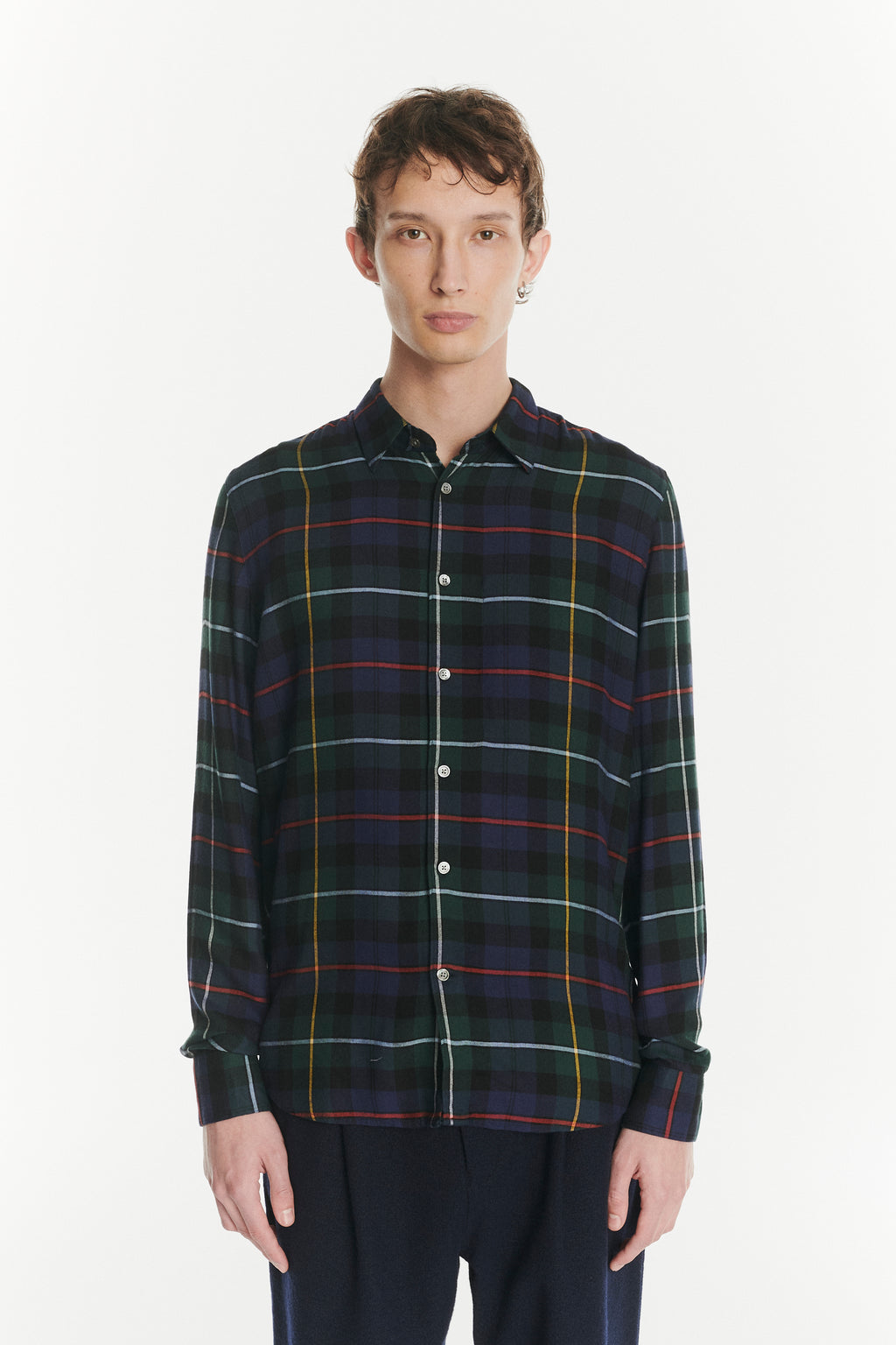 Feel Good Shirt in the Finest Dark Blue, Green, Red and Yellow  Chequered Fluid Italian Modal