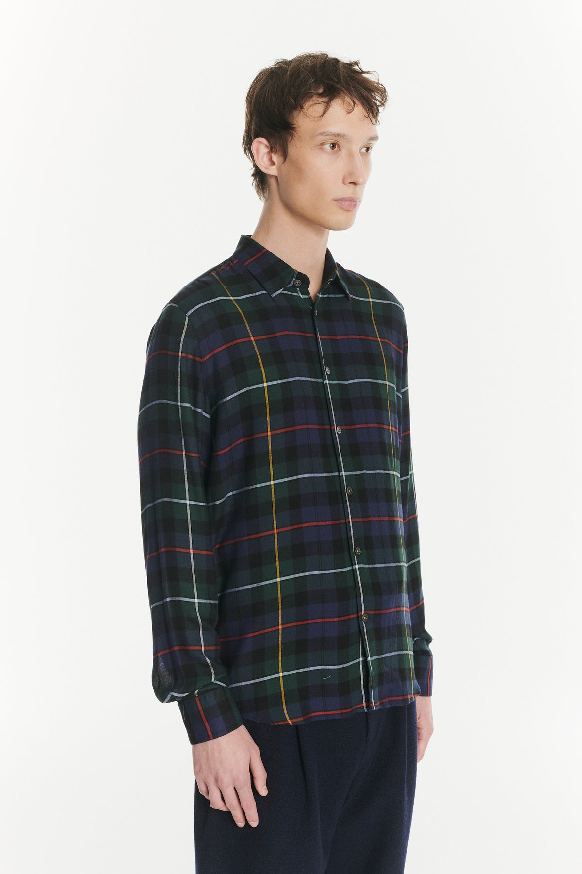 Feel Good Shirt in the Finest Dark Blue, Green, Red and Yellow  Chequered Fluid Italian Modal
