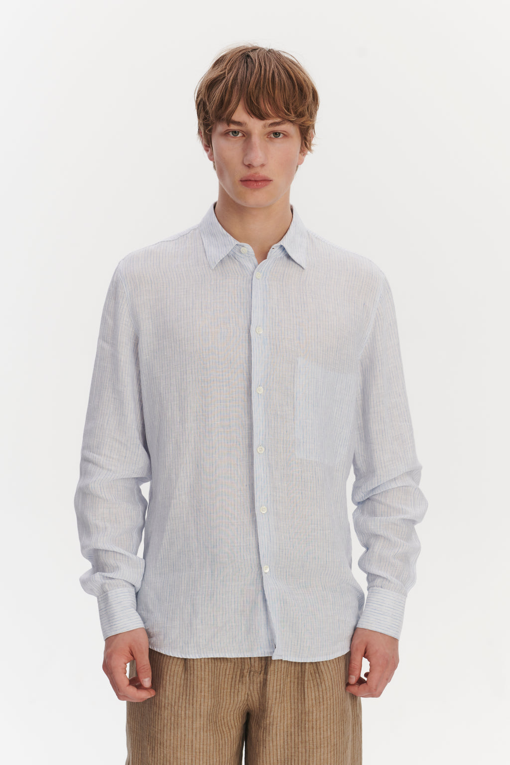 Feel Good Shirt in The Finest White and Subtle Blue Pin Striped Italian Linen