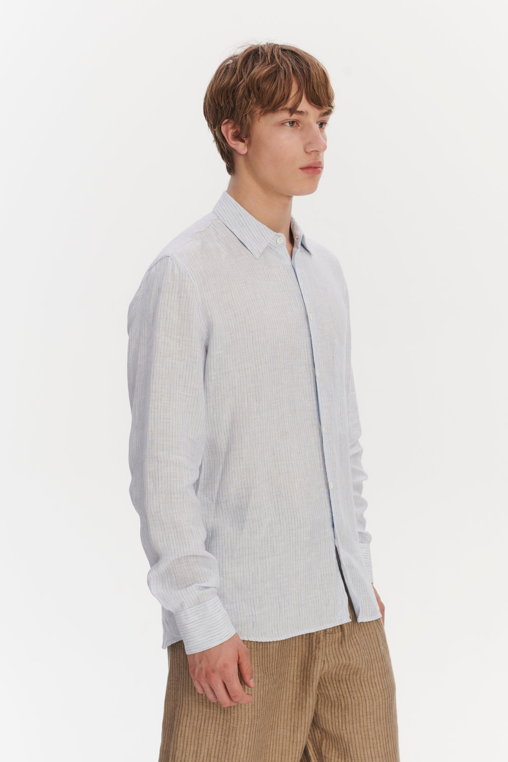 Feel Good Shirt in The Finest White and Subtle Blue Pin Striped Italian Linen