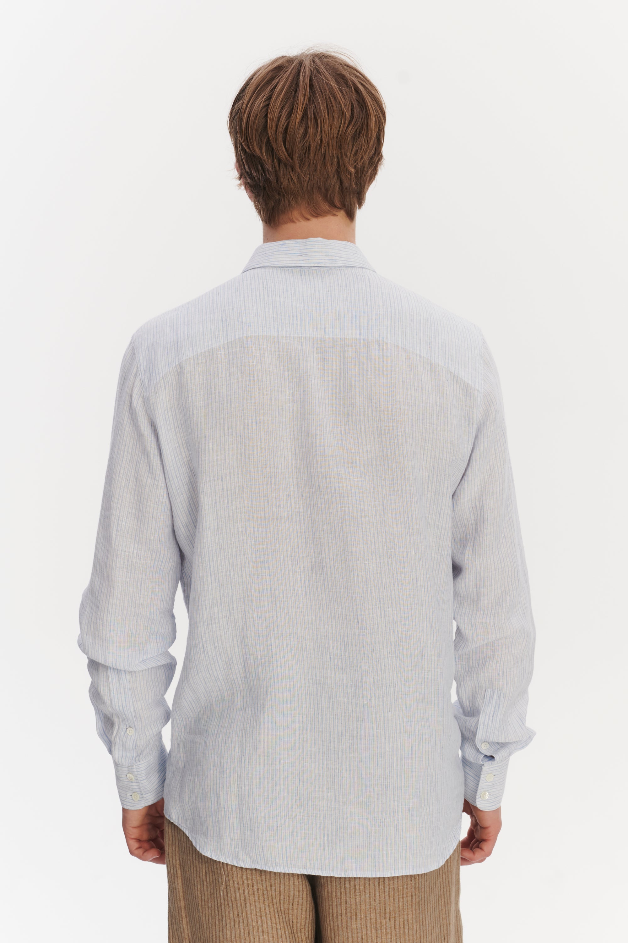 Feel Good Shirt in The Finest White and Subtle Blue Pin Striped Italian Linen