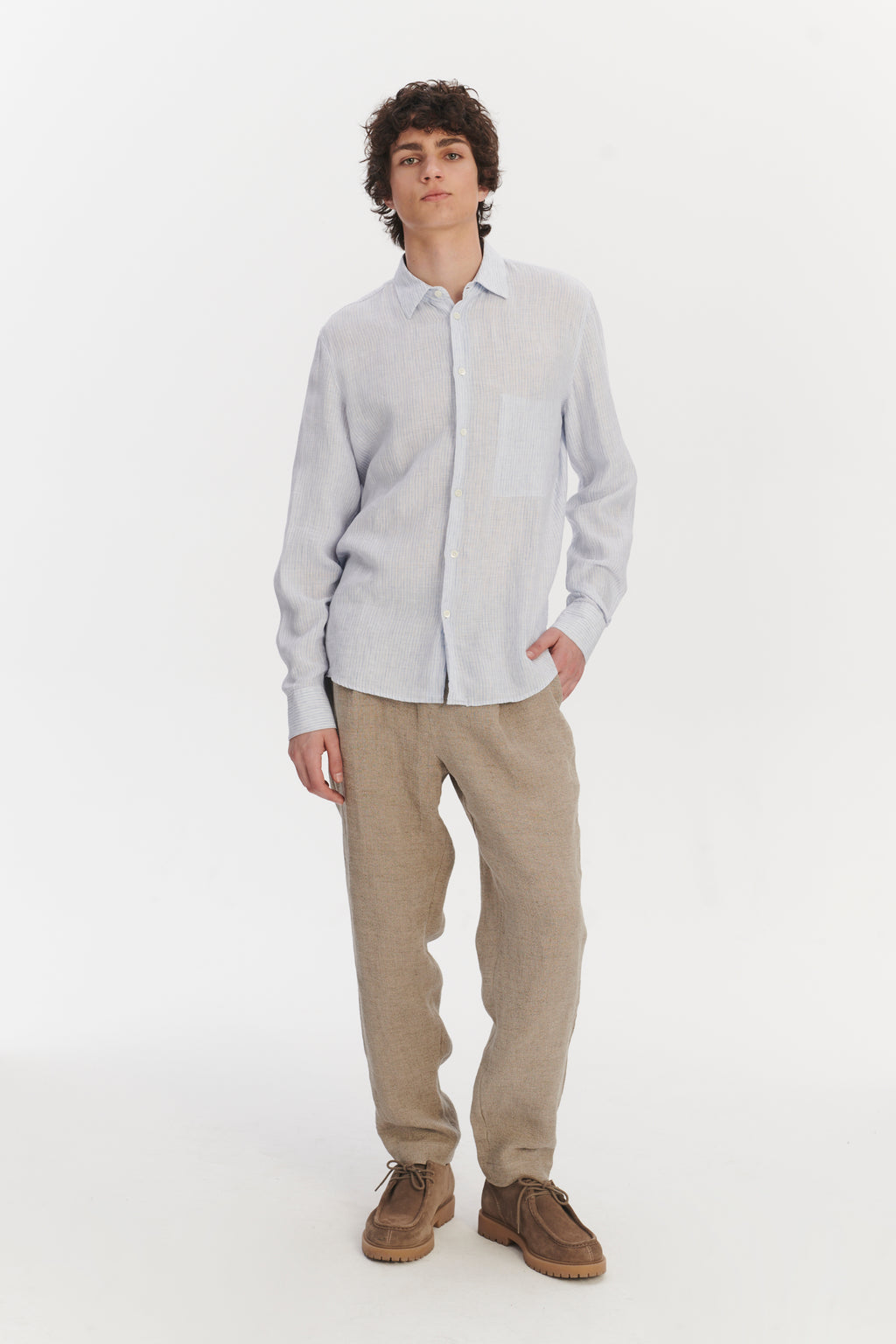 Feel Good Shirt in The Finest White and Subtle Blue Pin Striped Italian Linen