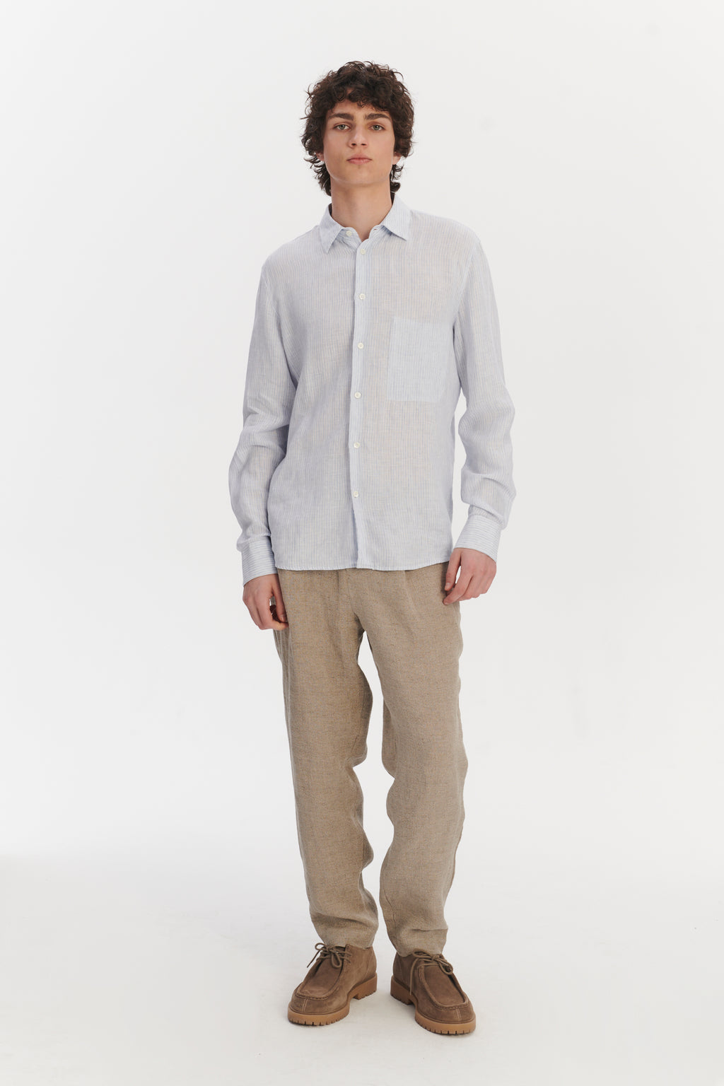 Feel Good Shirt in The Finest White and Subtle Blue Pin Striped Italian Linen