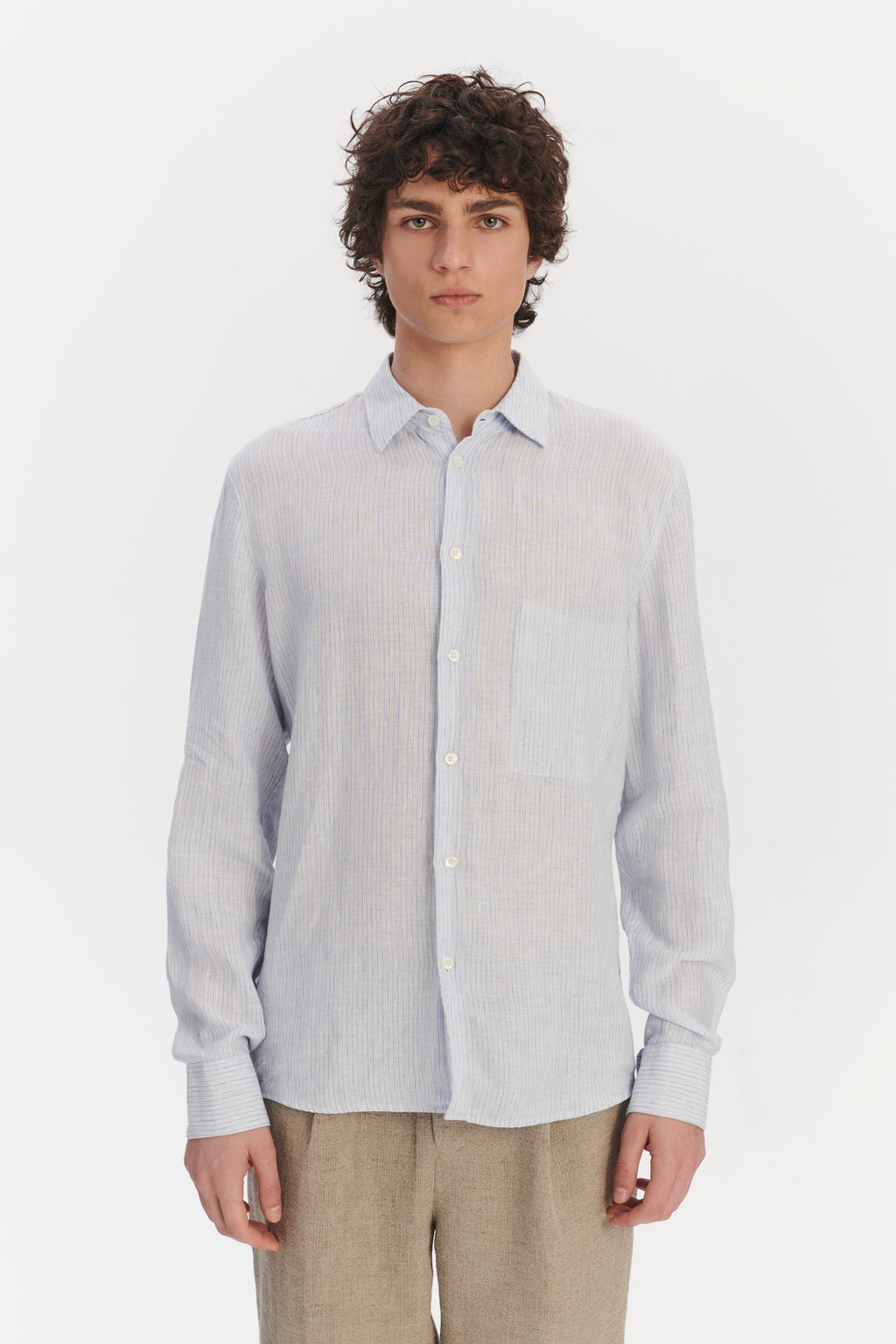 Feel Good Shirt in The Finest White and Subtle Blue Pin Striped Italian Linen