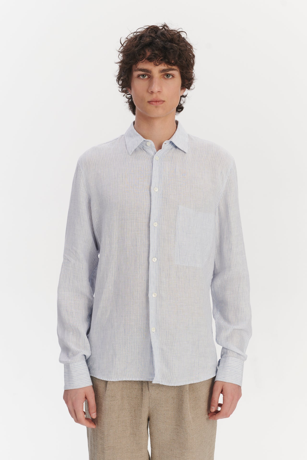 Feel Good Shirt in The Finest White and Blue Pin Striped Italian Linen