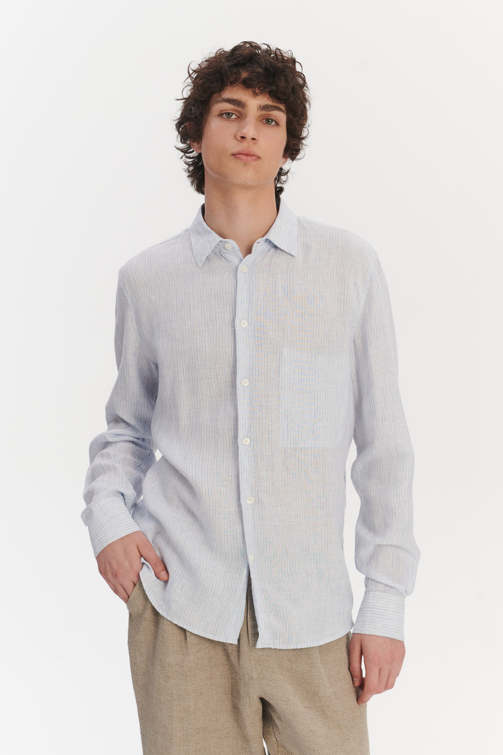 Feel Good Shirt in The Finest White and Subtle Blue Pin Striped Italian Linen