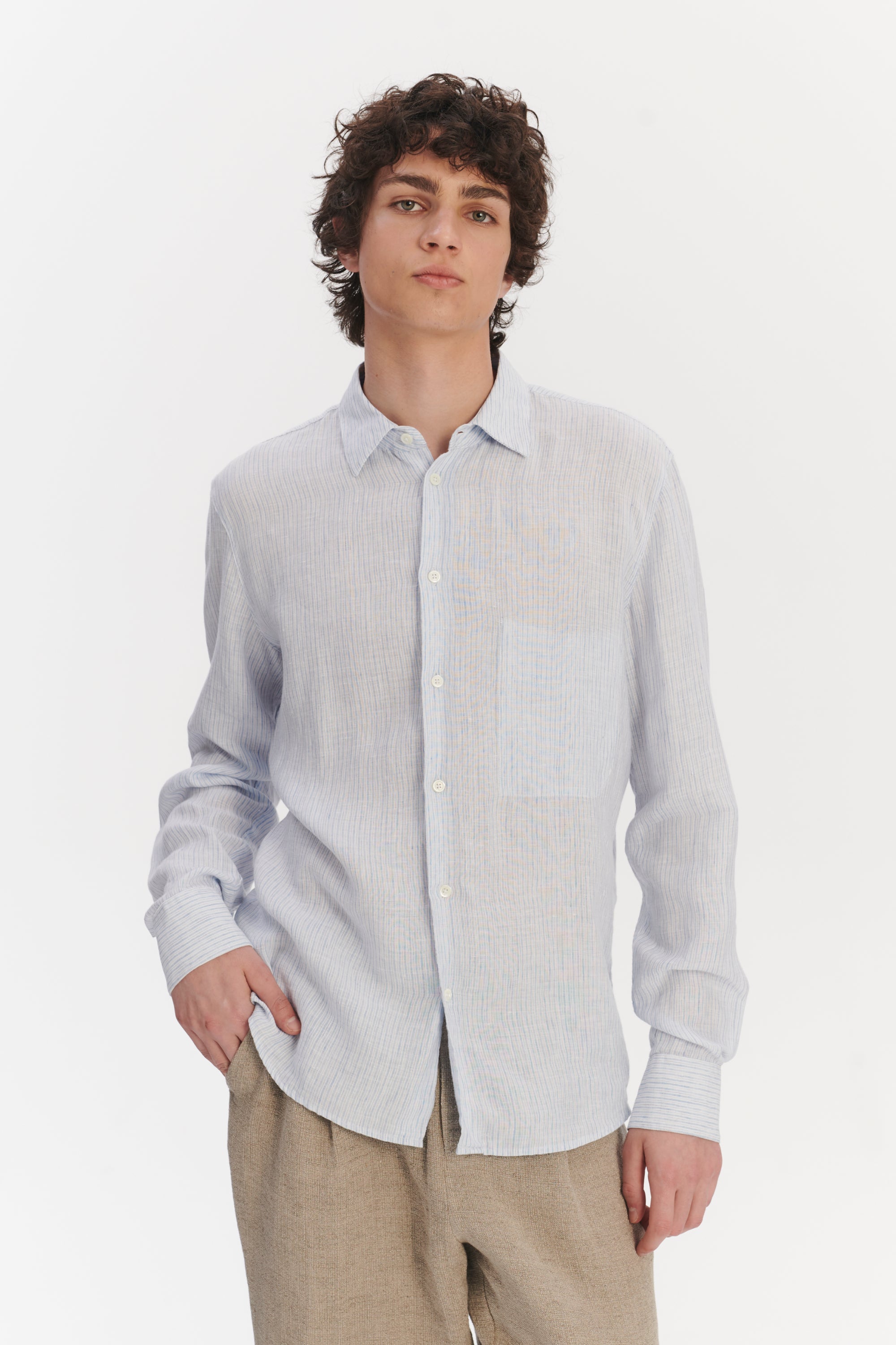 Feel Good Shirt in The Finest White and Subtle Blue Pin Striped Italian Linen