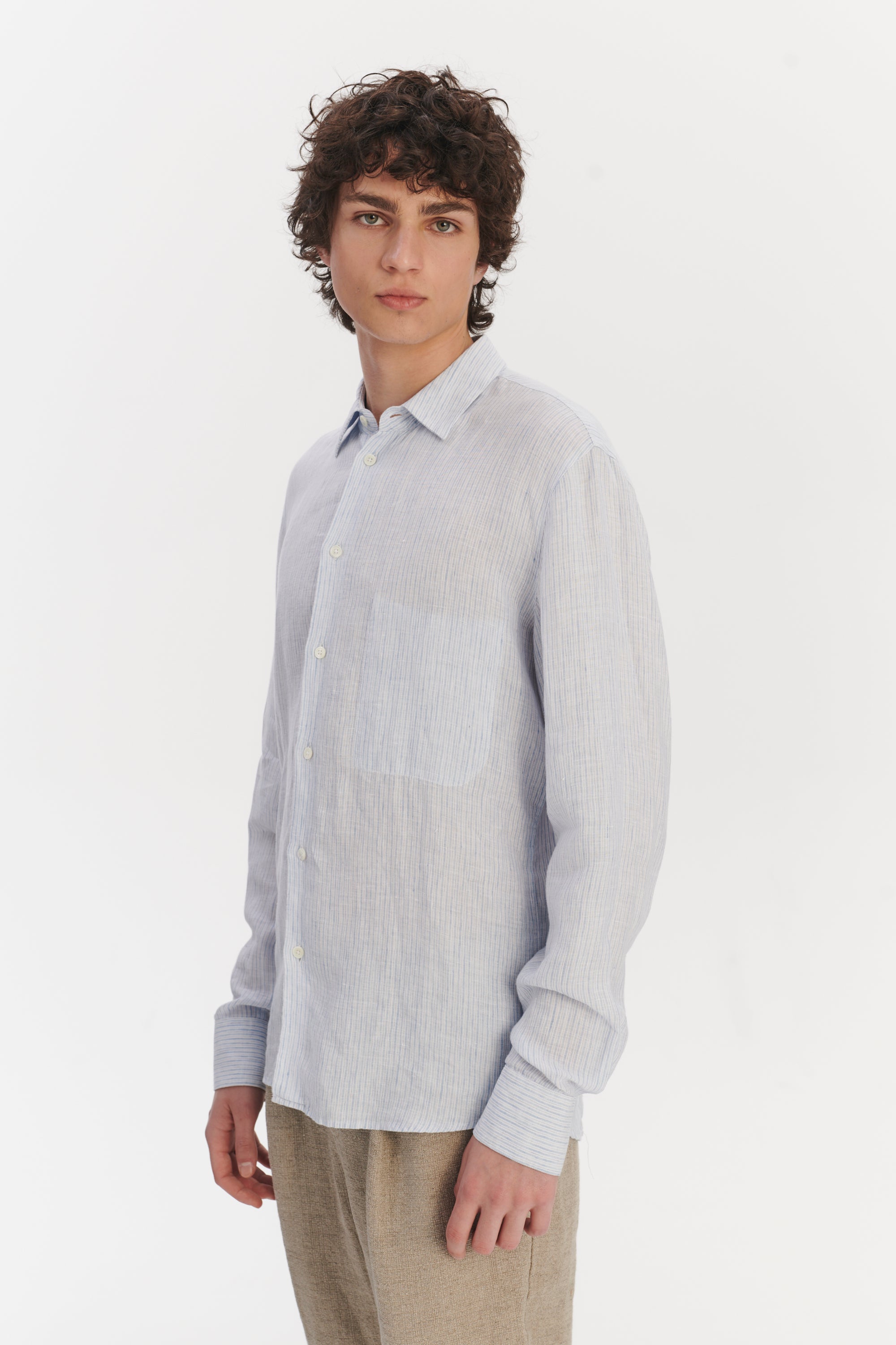 Feel Good Shirt in The Finest White and Subtle Blue Pin Striped Italian Linen