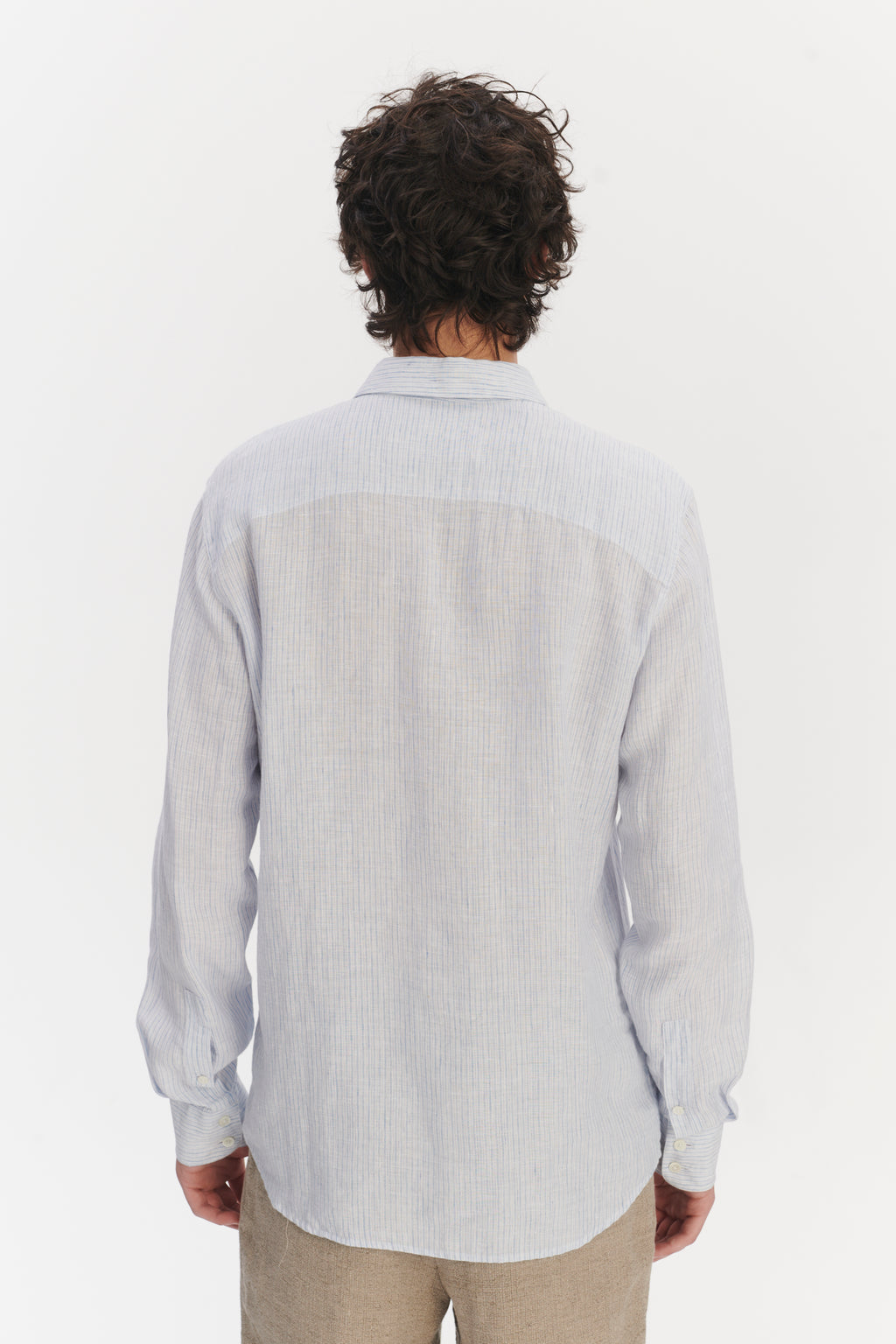 Feel Good Shirt in The Finest White and Subtle Blue Pin Striped Italian Linen