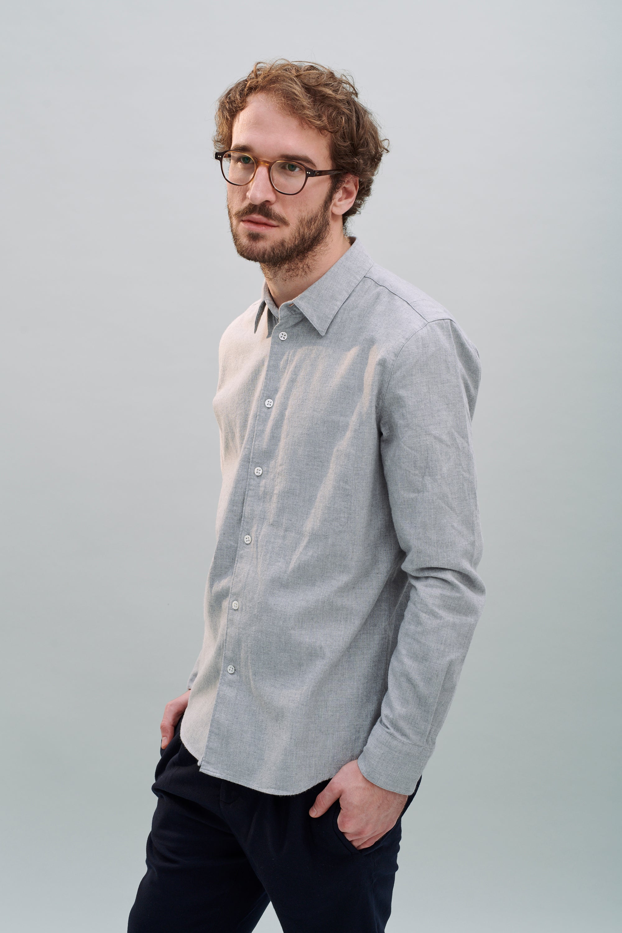 Feel Good Shirt in Fine Light Grey Italian Brushed Cotton Flannel