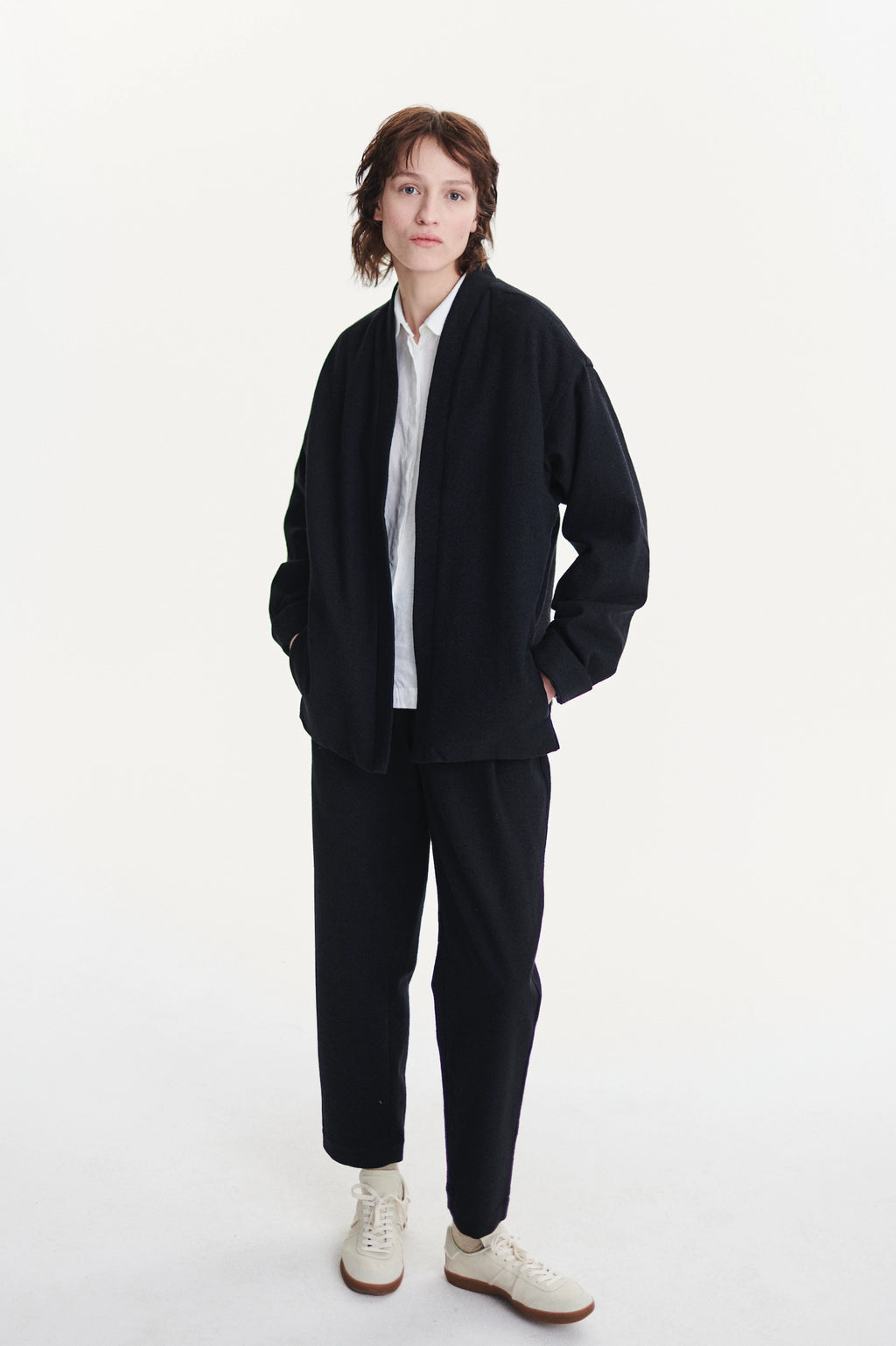 Minimal Kimono in a Black Italian Cotton and Virgin Wool Seersucker