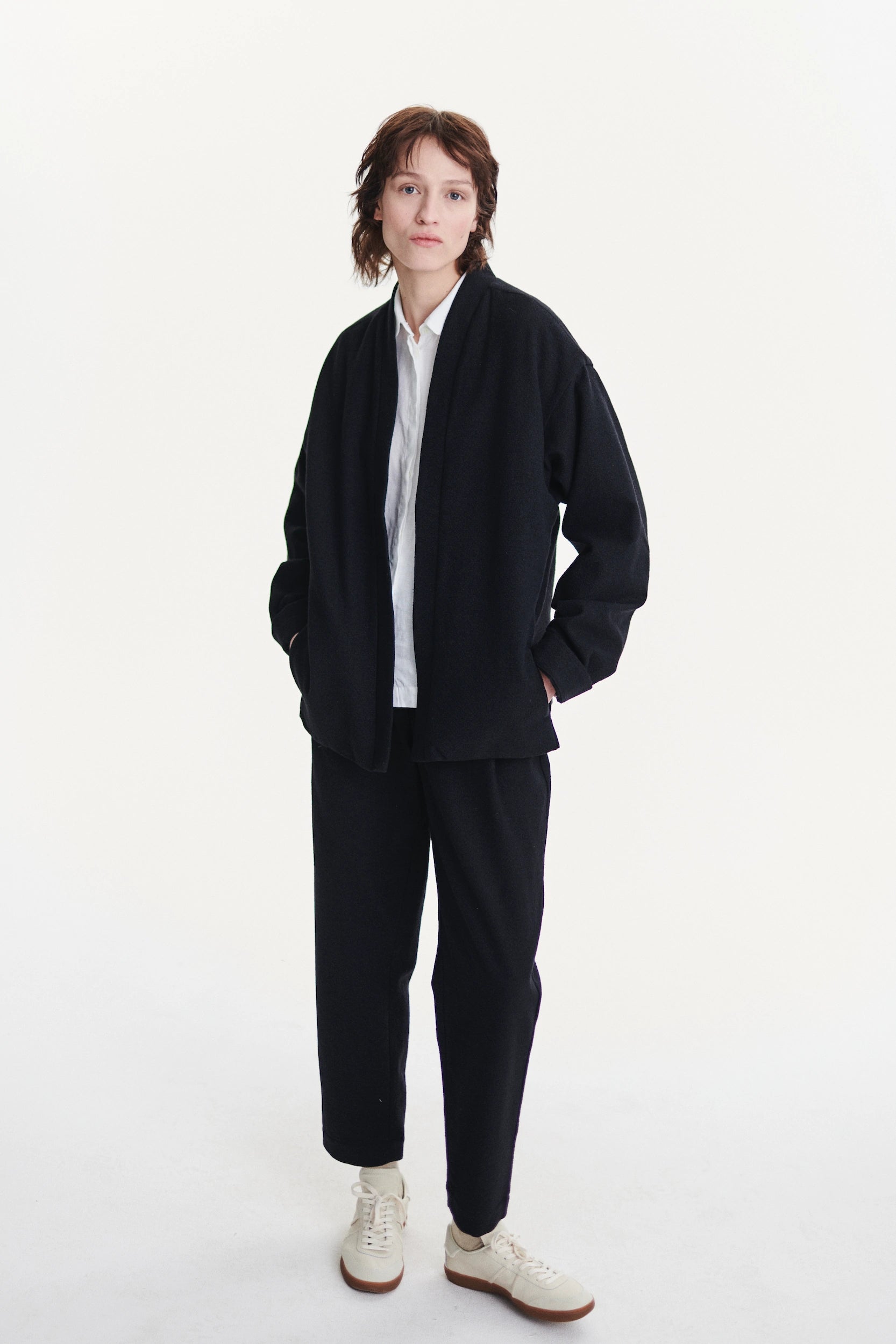 Minimal Kimono in a Black Italian Cotton and Virgin Wool Seersucker