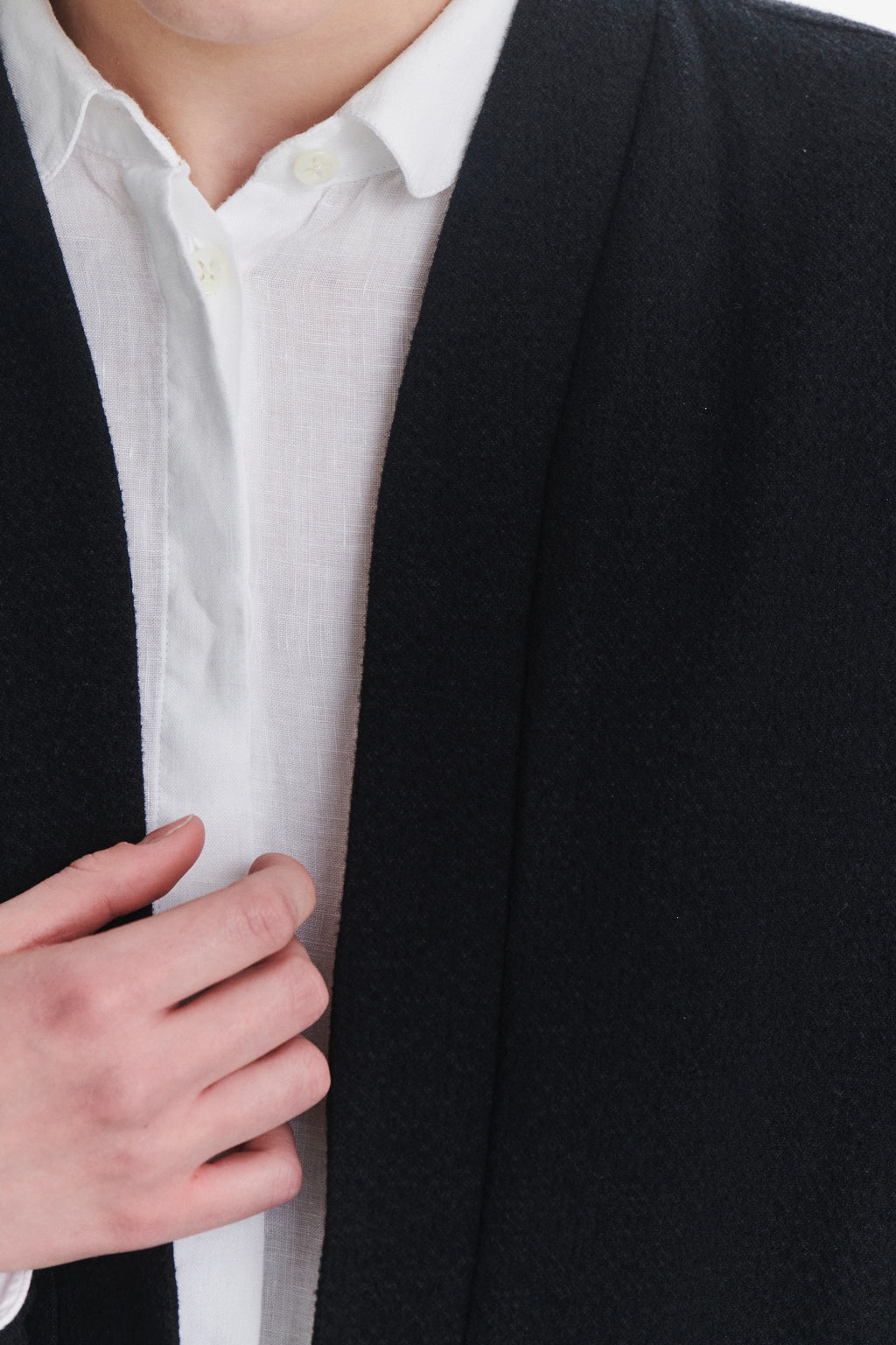 Minimal Kimono in a Black Italian Cotton and Virgin Wool Seersucker