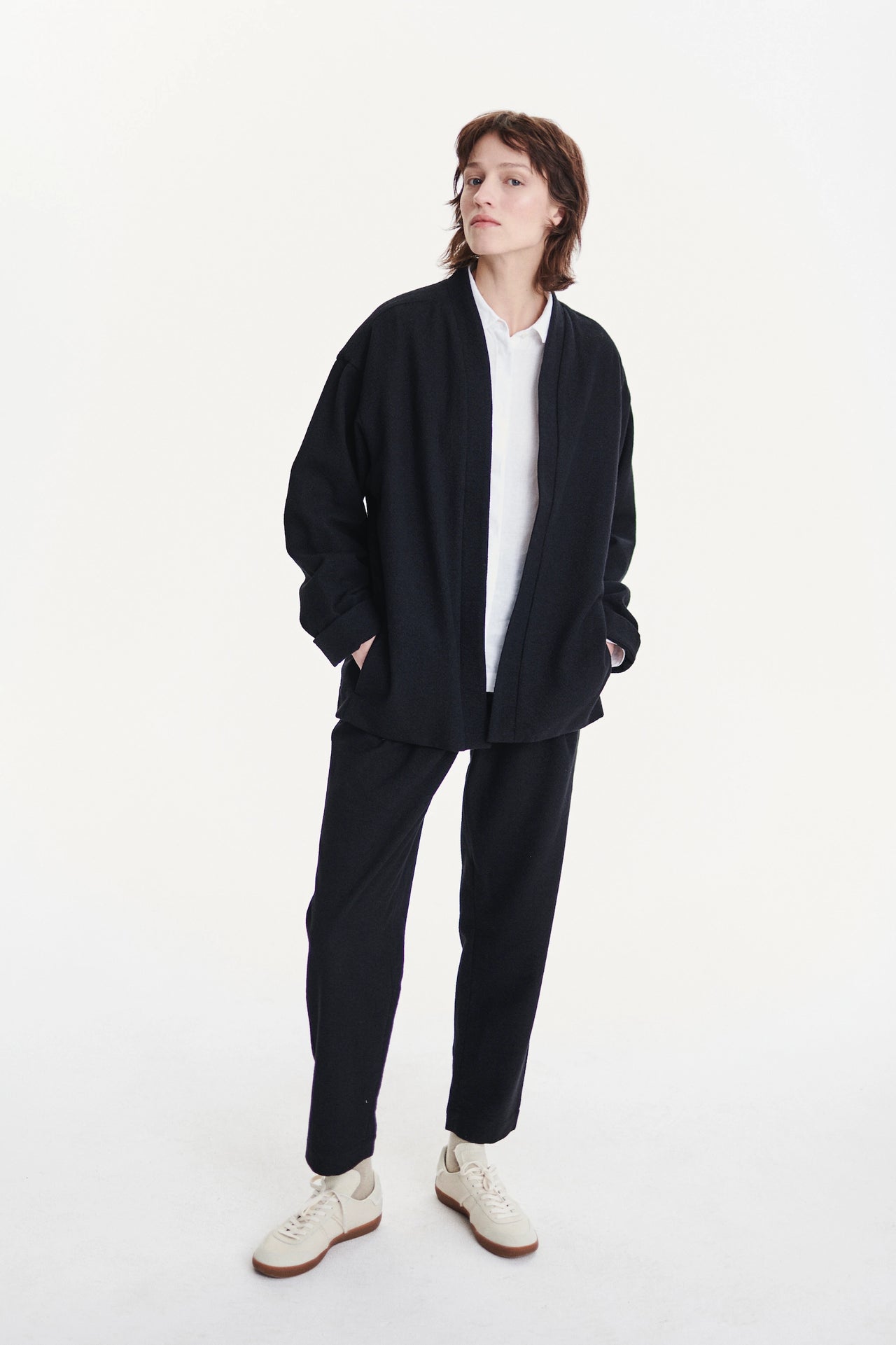 Minimal Kimono in a Black Italian Cotton and Virgin Wool Seersucker