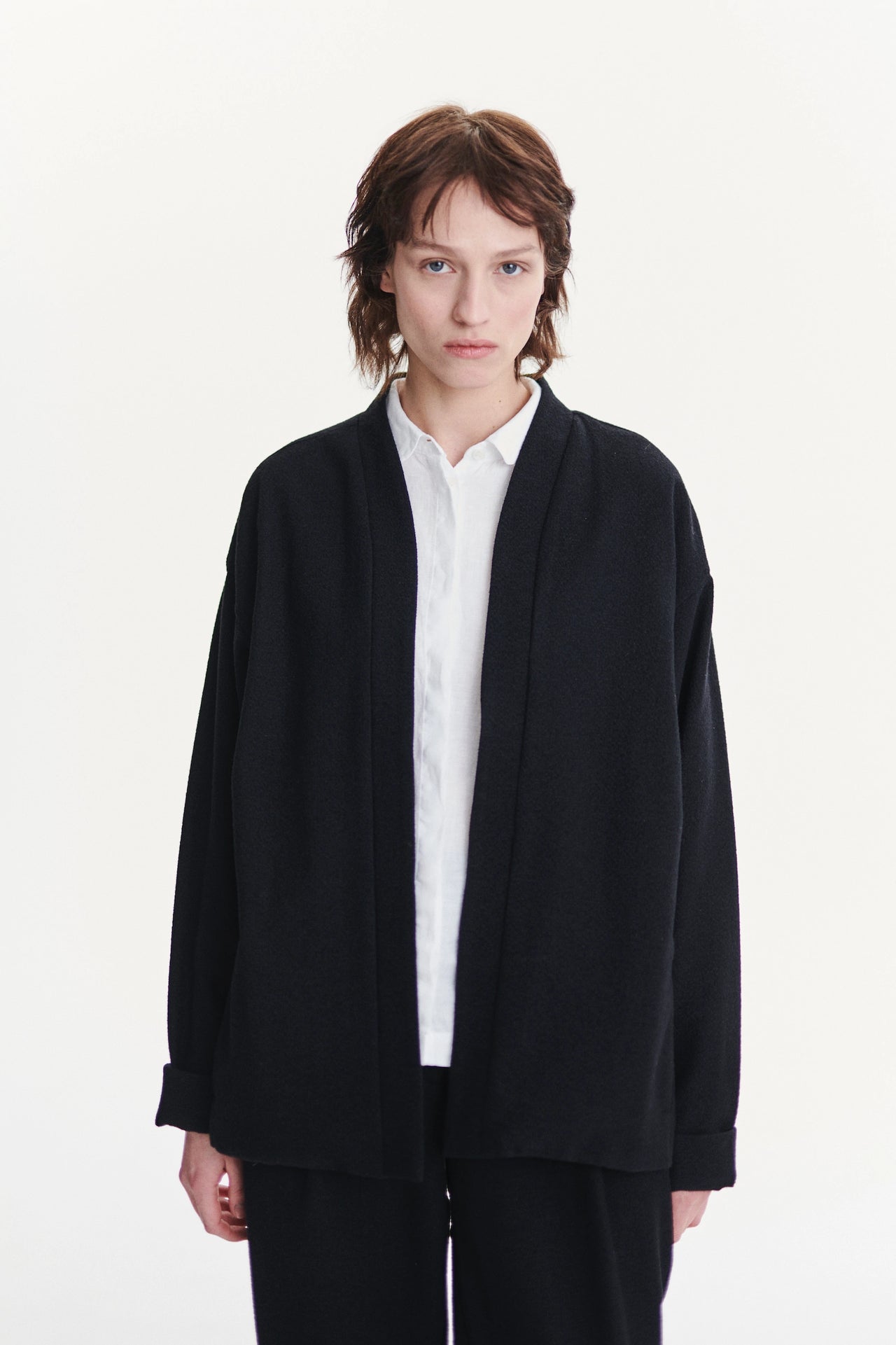 Minimal Kimono in a Black Italian Cotton and Virgin Wool Seersucker