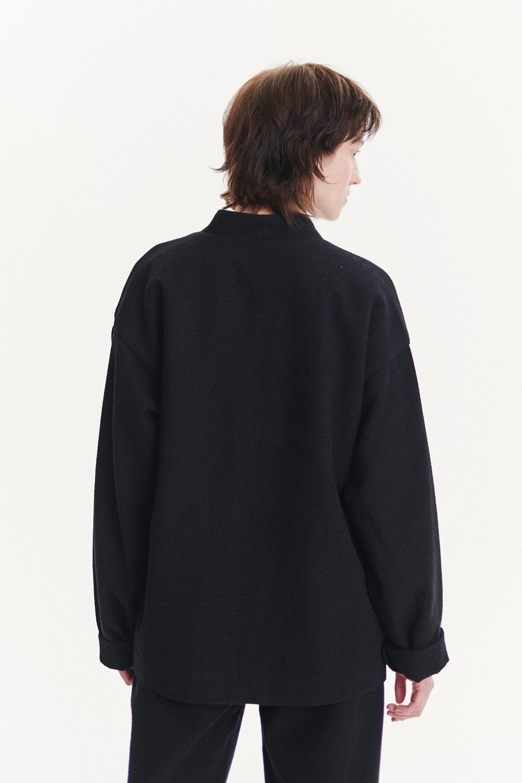 Minimal Kimono in a Black Italian Cotton and Virgin Wool Seersucker