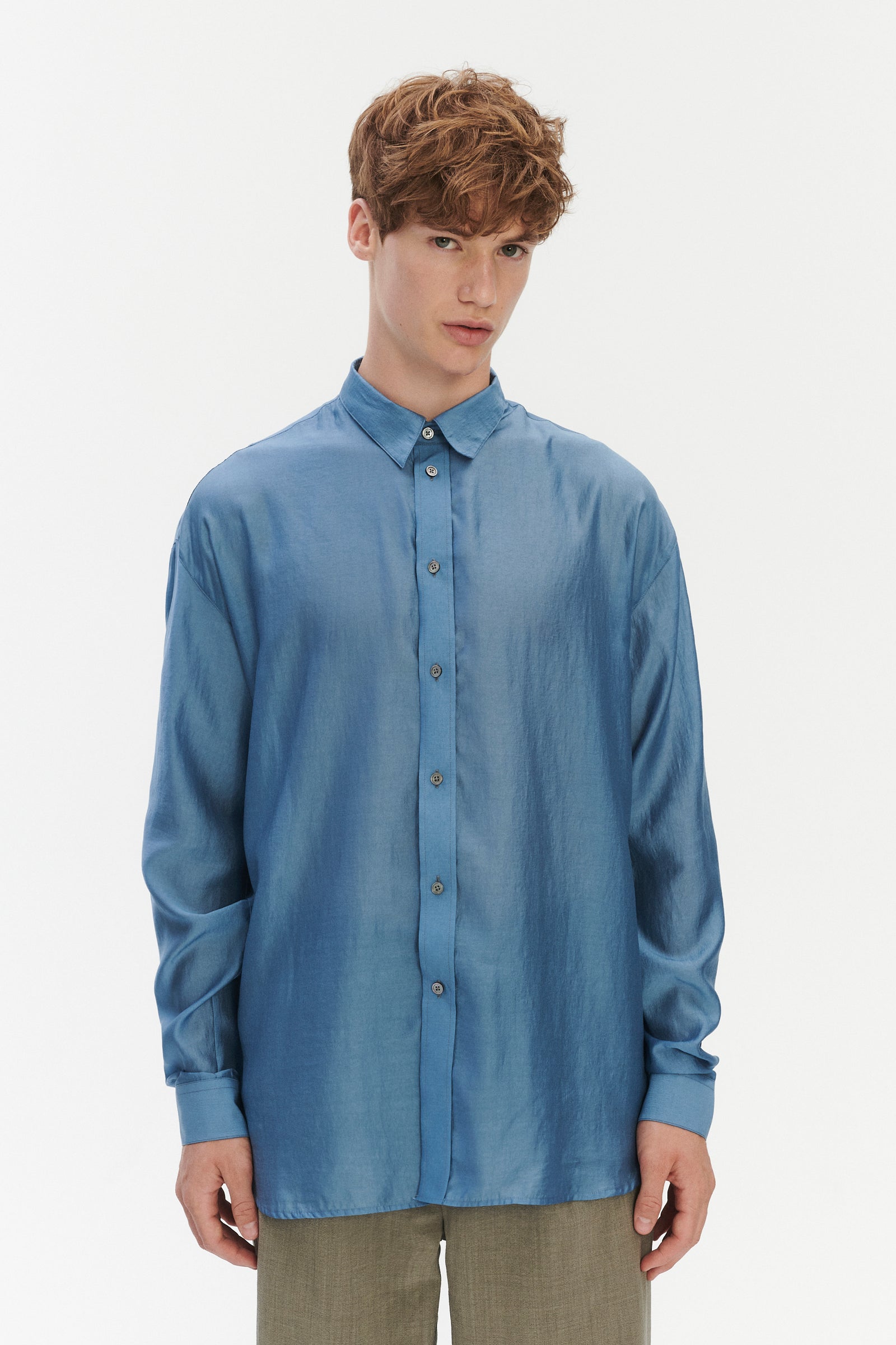 Oversized Delta Shirt in a Silky Japanese Blend of Lyocell in Blue