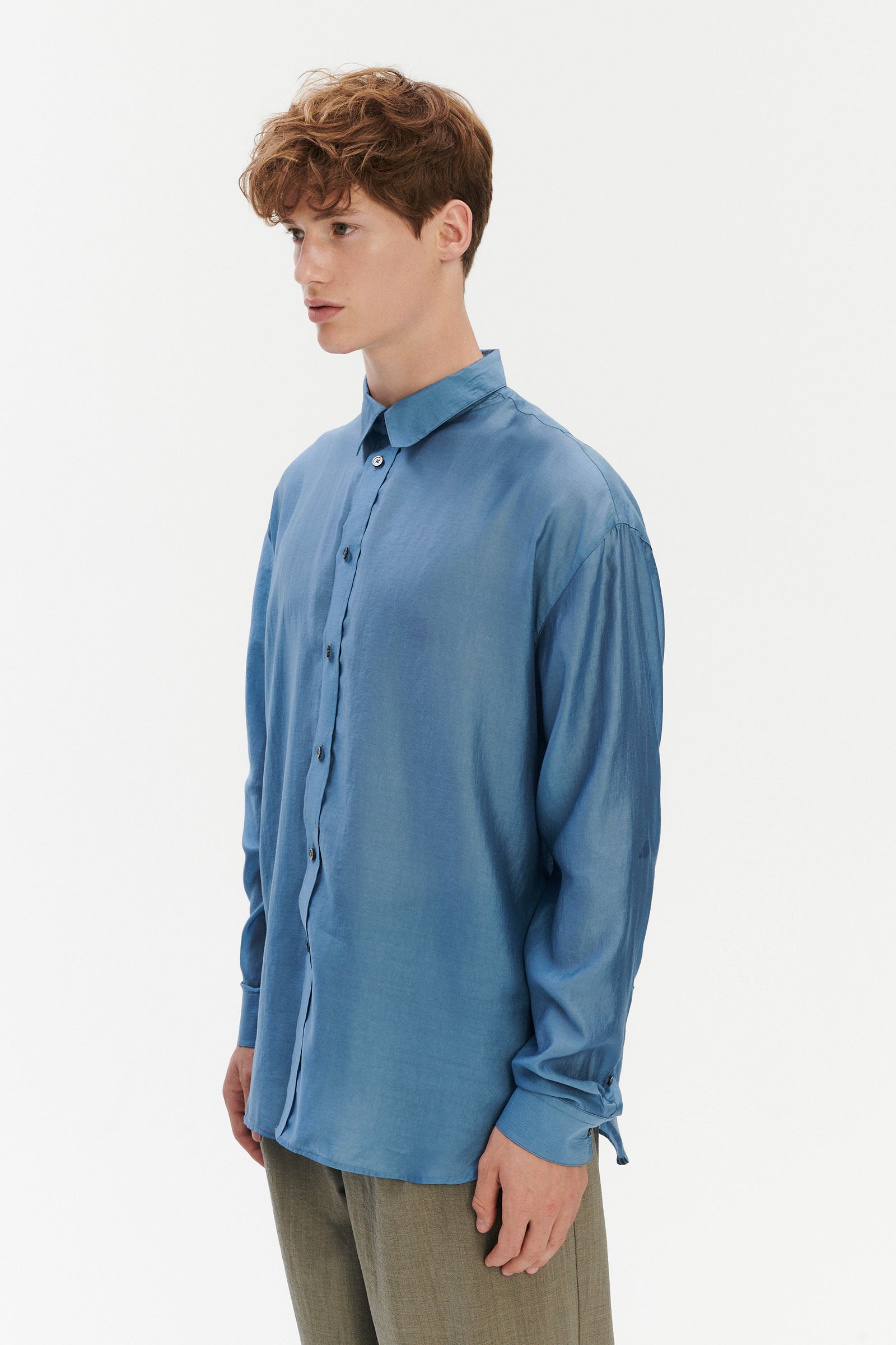 Oversized Delta Shirt in a Silky Japanese Blend of Lyocell in Blue