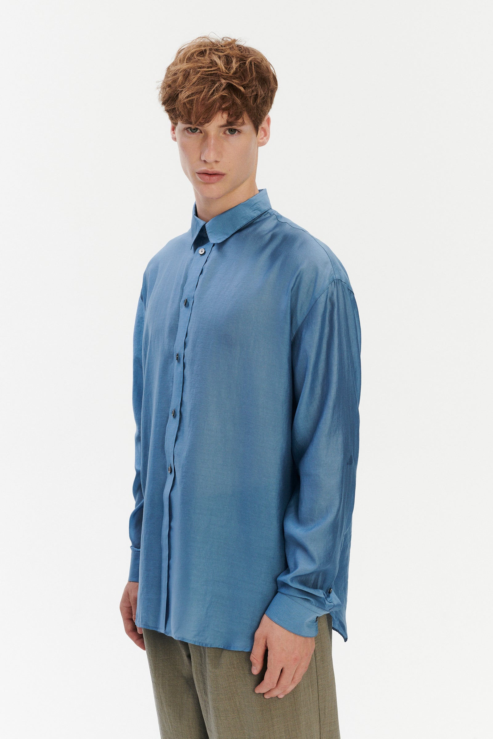 Oversized Delta Shirt in a Silky Japanese Blend of Lyocell in Blue