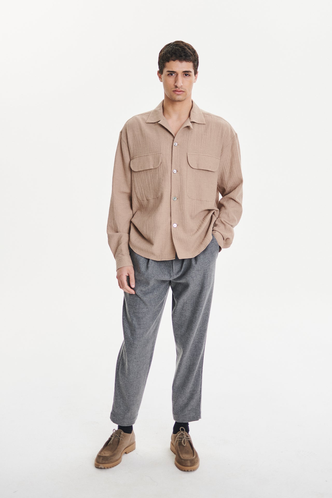 Relaxed Oversized Leisure Shirt in a Soft Cashmere and Cotton Seersucker